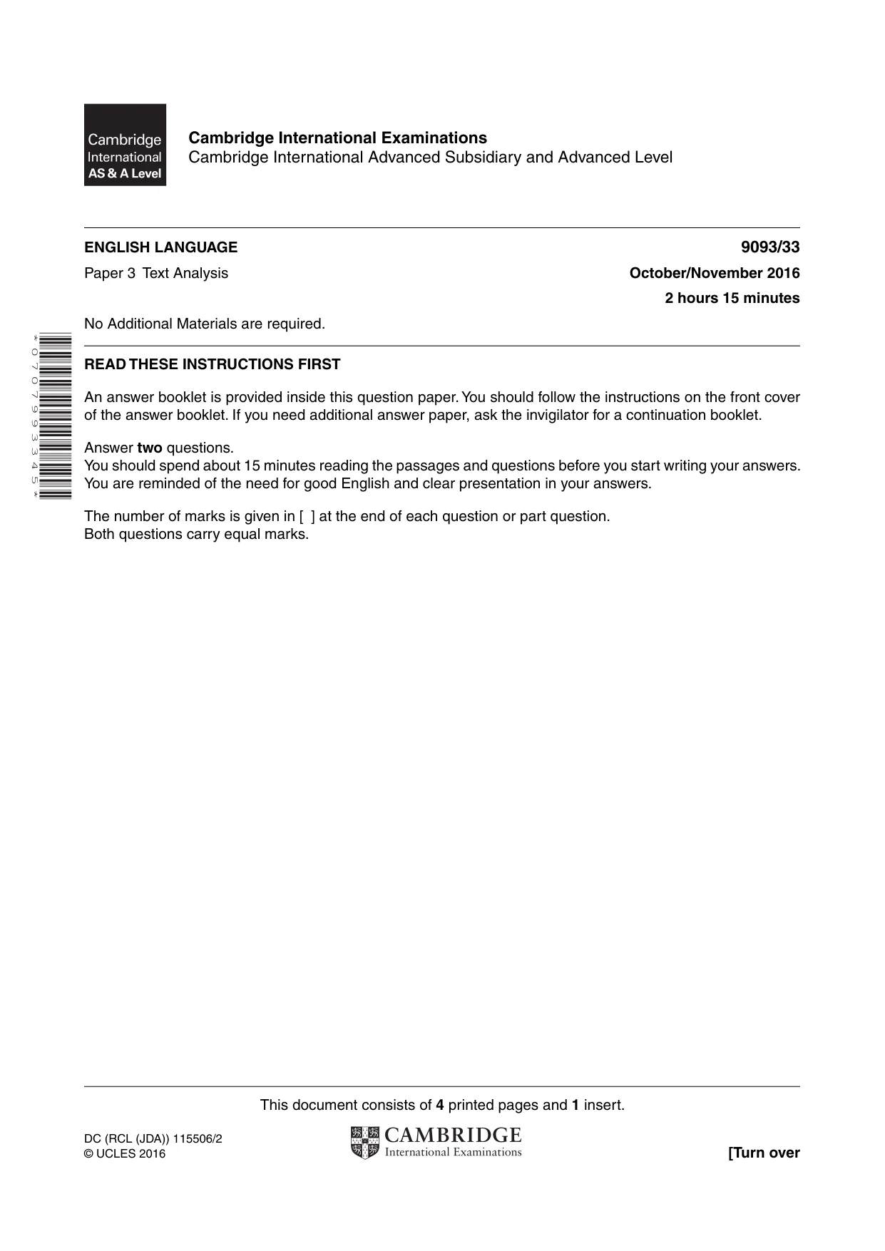 Cambridge A Level English - Language AS and A Level (from 2014) 9093 2016 Oct/Nov Paper 3 · Variant 3 question paper, page 1 of 4