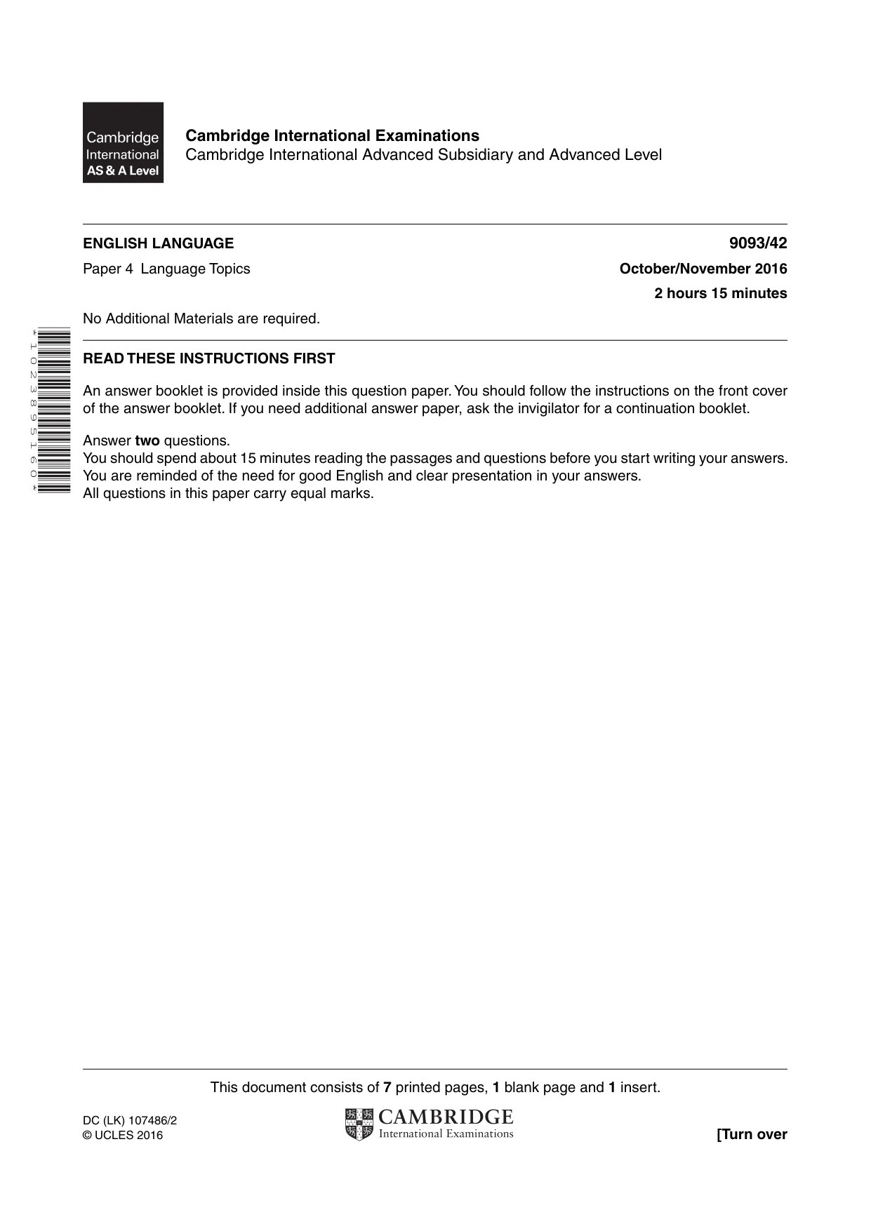 Cambridge A Level English - Language AS and A Level (from 2014) 9093 2016 Oct/Nov Paper 4 · Variant 2 question paper, page 1 of 8