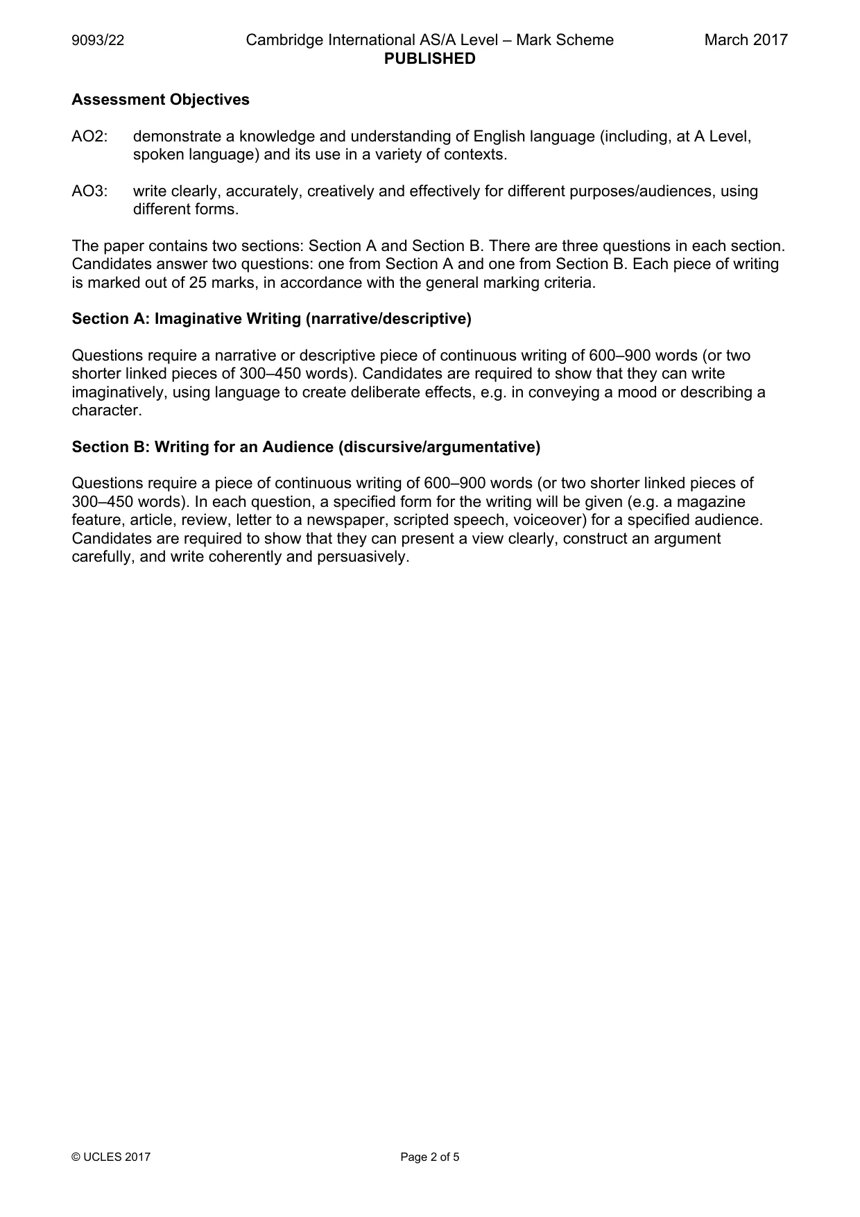 Mark scheme, page 2 of 5