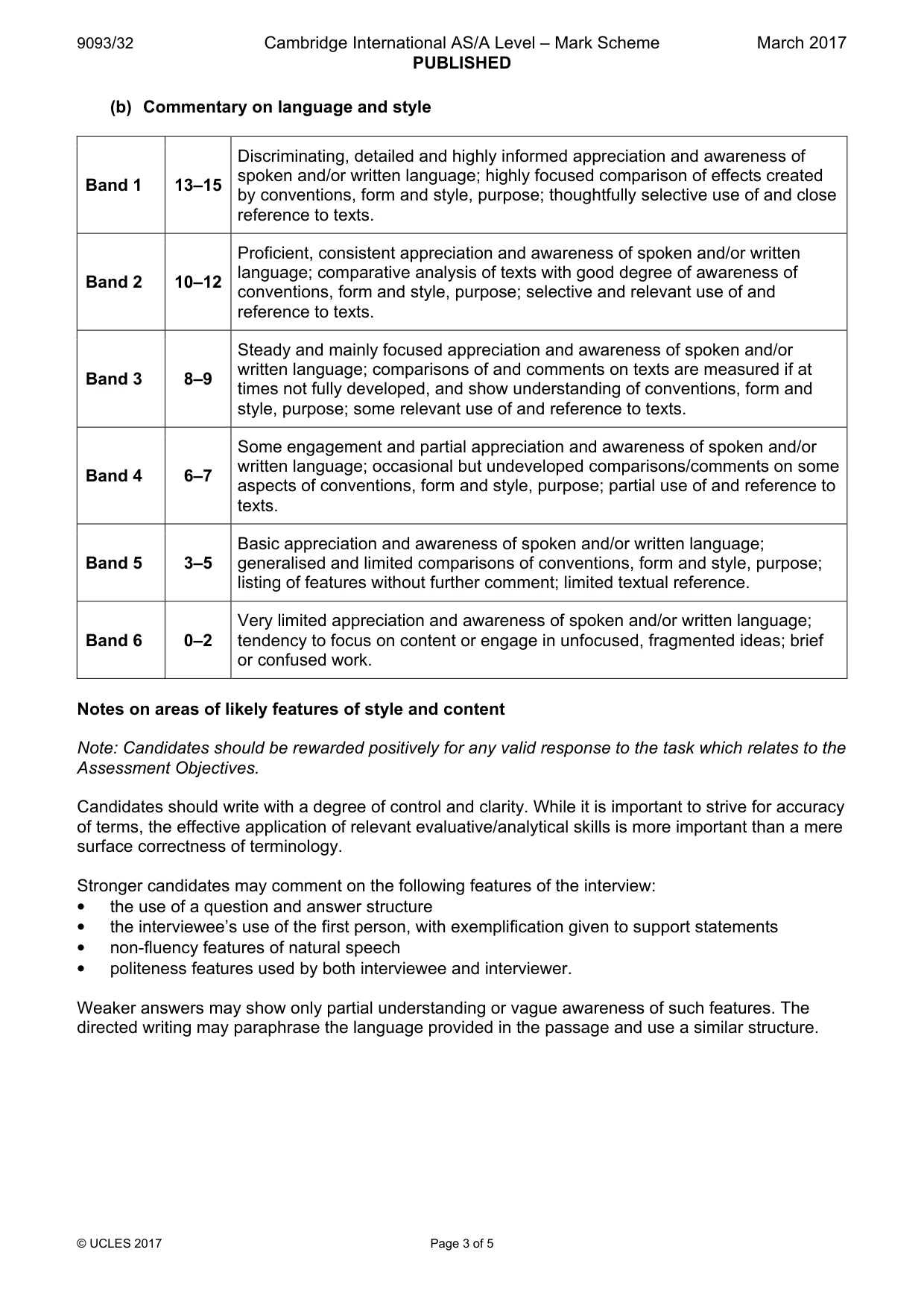 Mark scheme, page 3 of 5