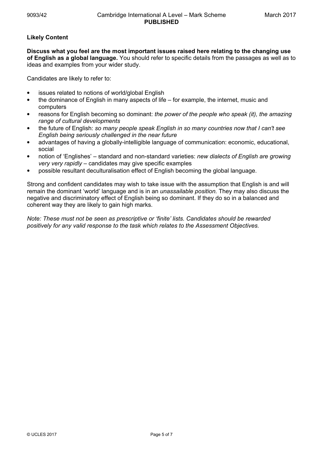 Mark scheme, page 5 of 7