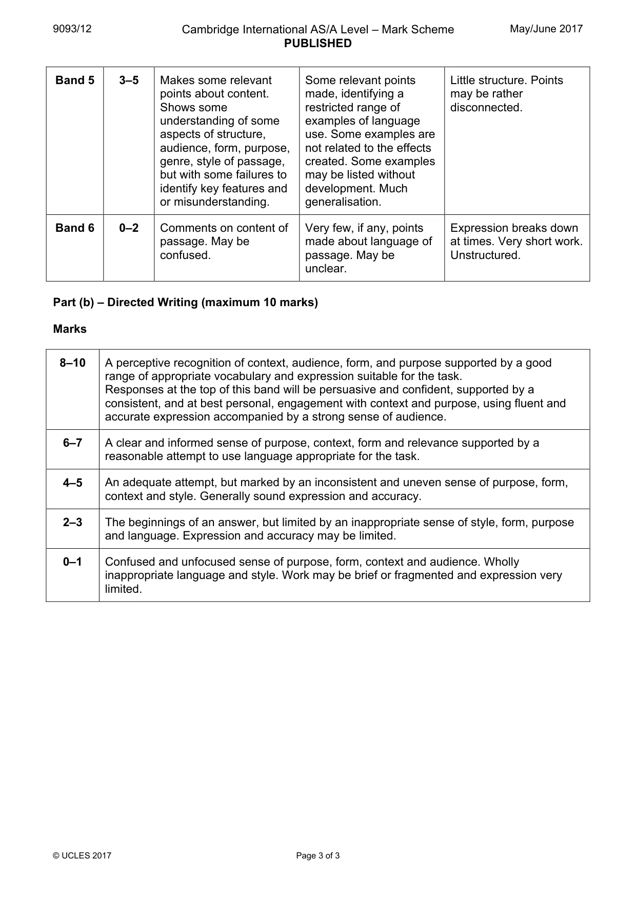 Mark scheme, page 3 of 3