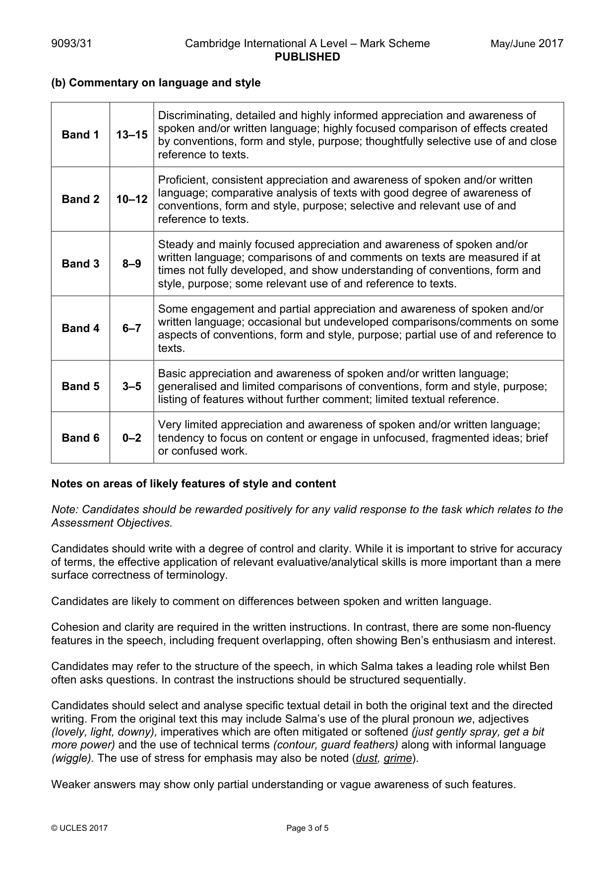 Mark scheme, page 3 of 5