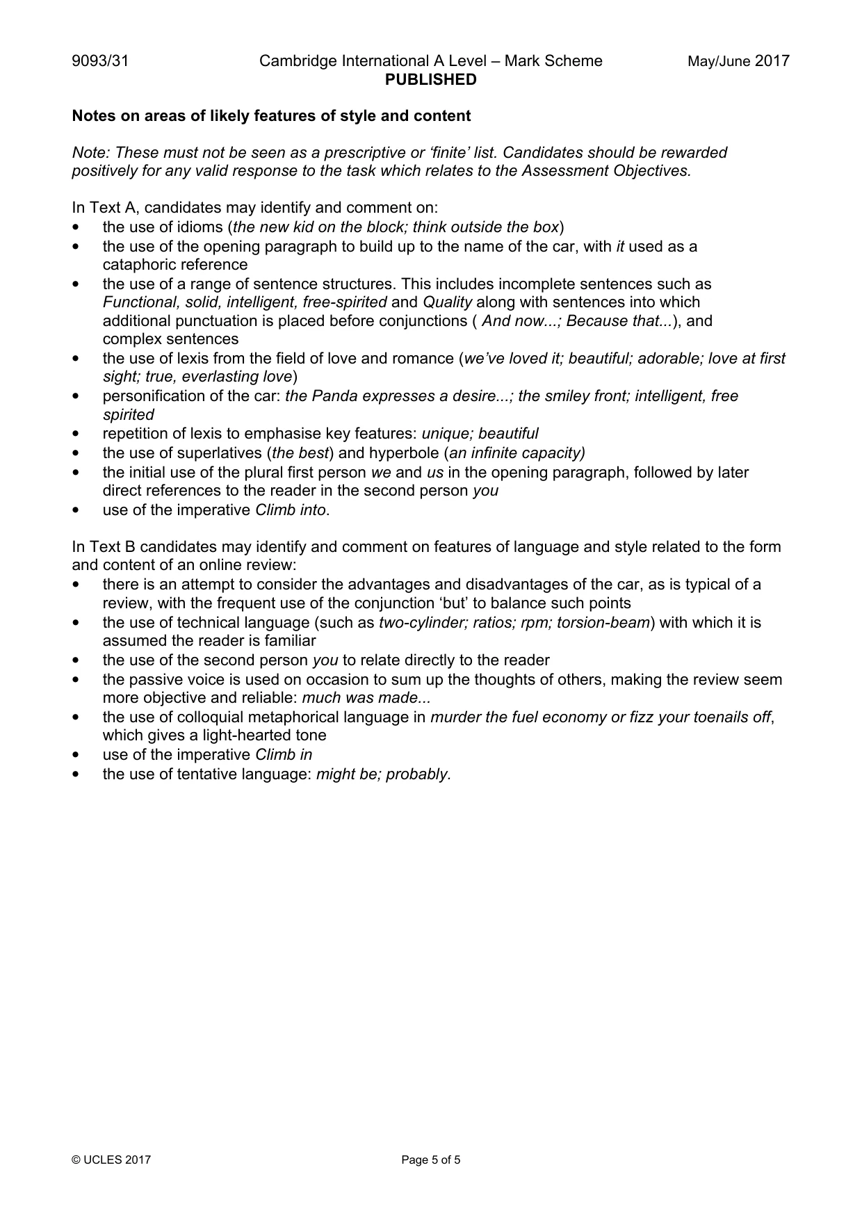 Mark scheme, page 5 of 5