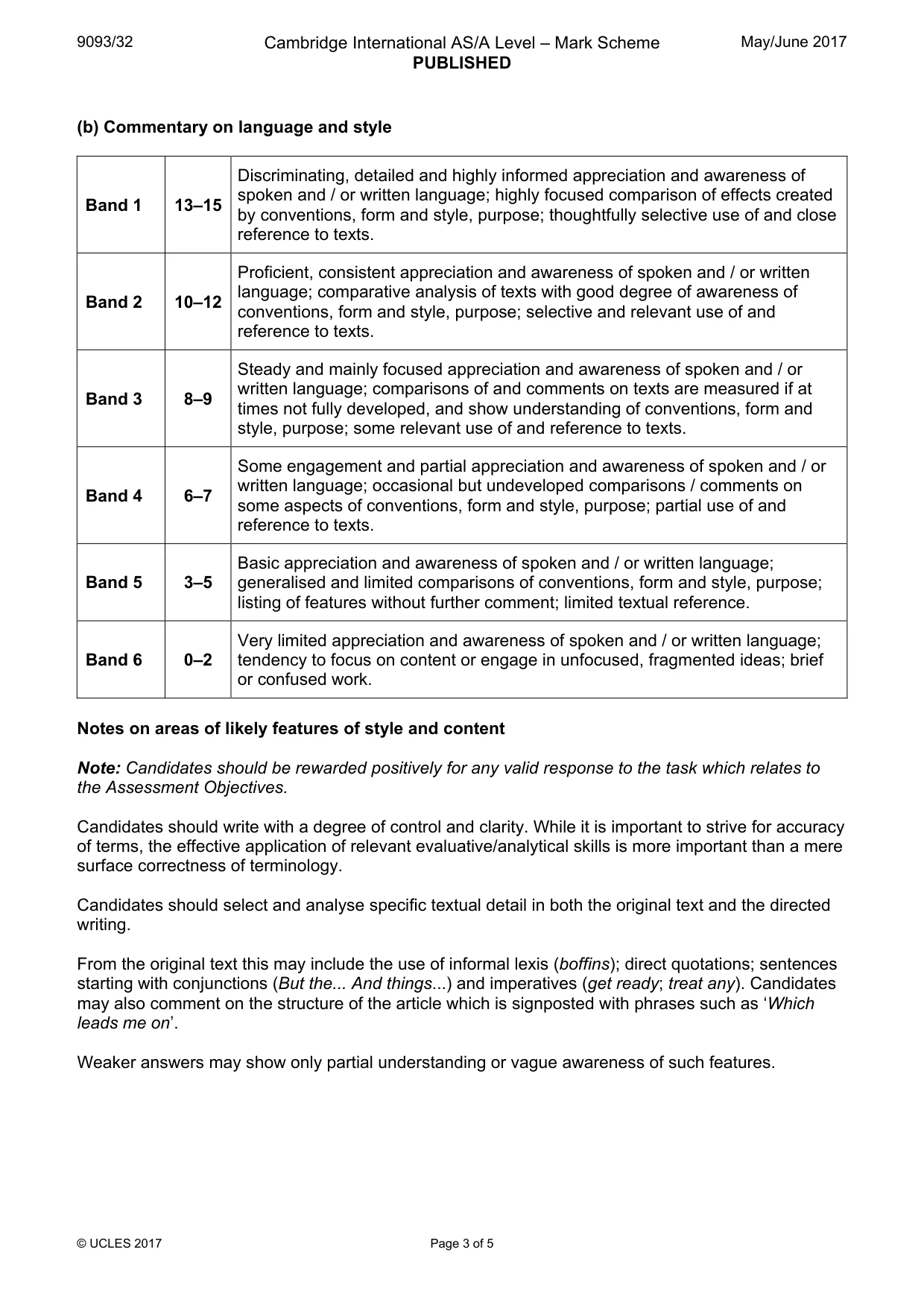 Mark scheme, page 3 of 5