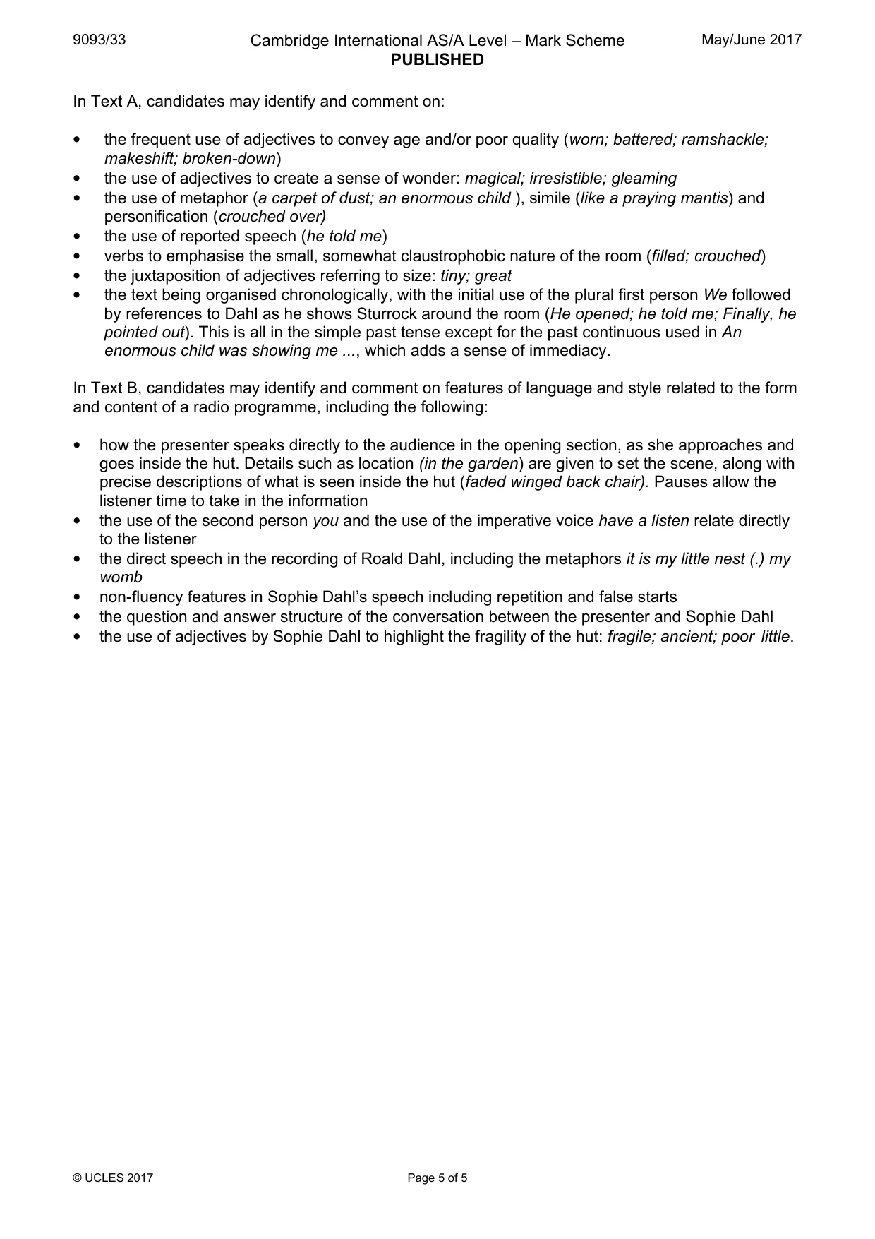 Mark scheme, page 5 of 5