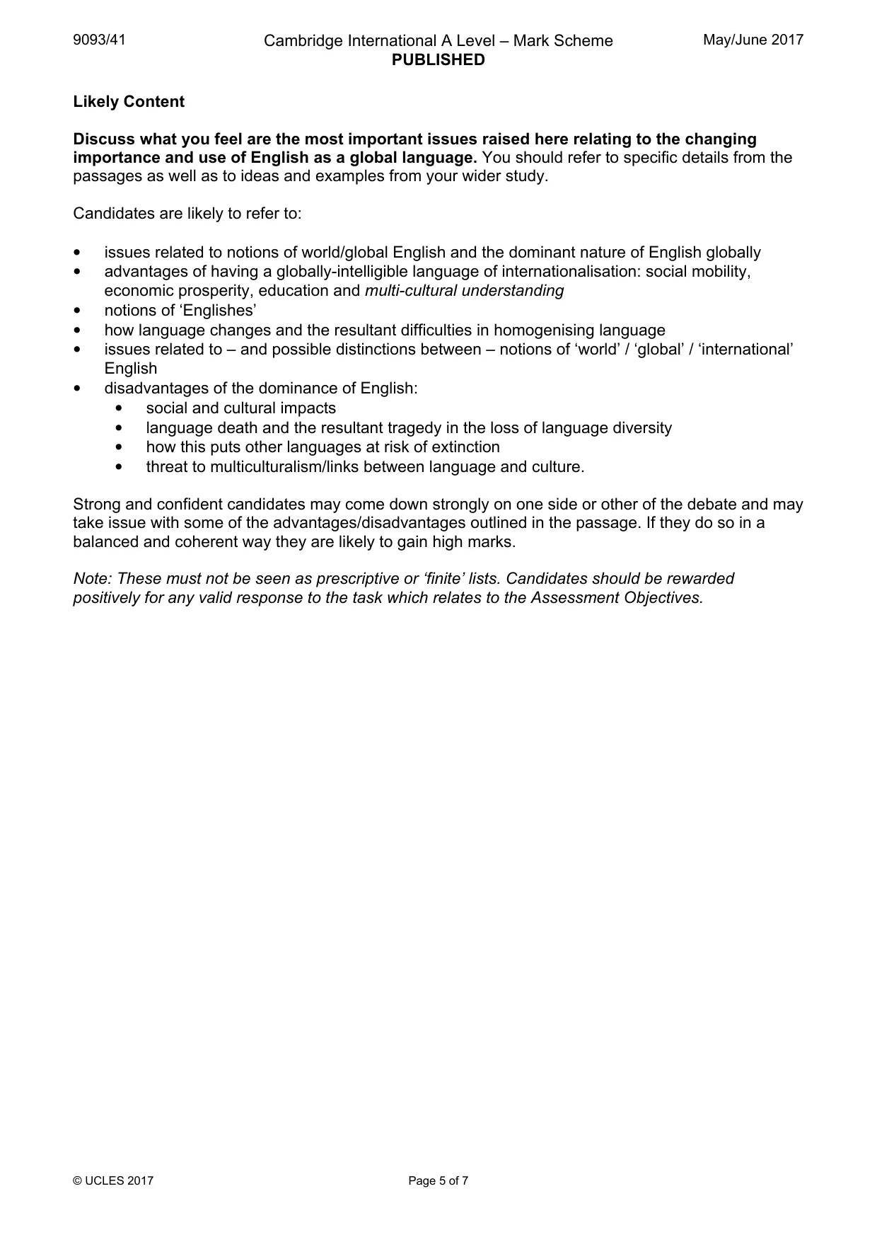 Mark scheme, page 5 of 7