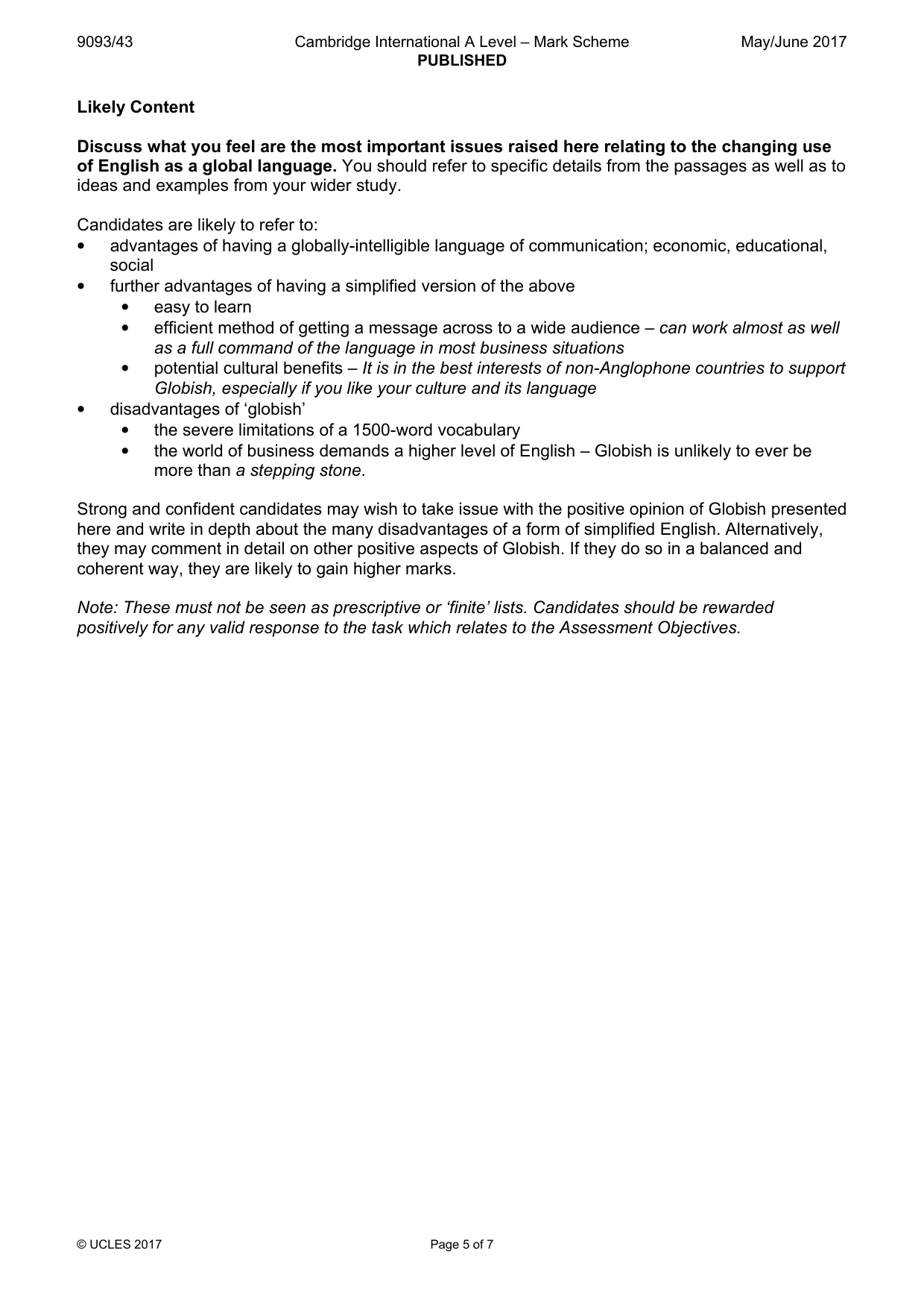Mark scheme, page 5 of 7