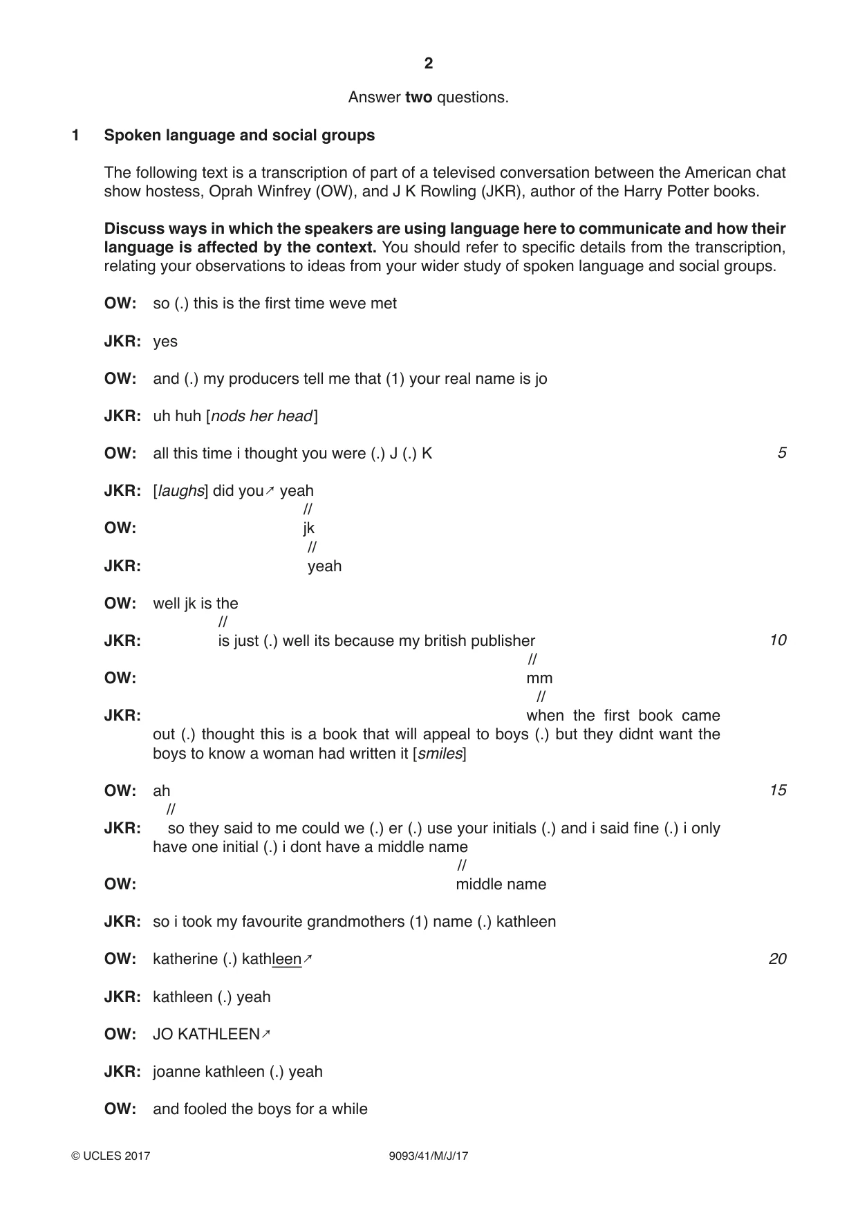 Cambridge A Level English - Language AS and A Level (from 2014) 9093 2017 May/June Paper 4 · Variant 1 question paper, page 2 of 8