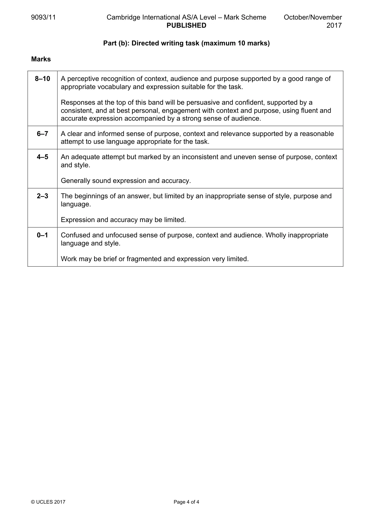 Mark scheme, page 4 of 4