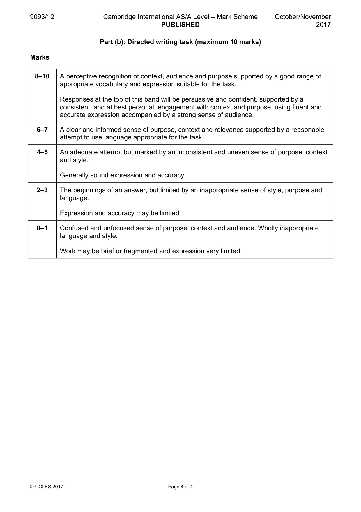 Mark scheme, page 4 of 4