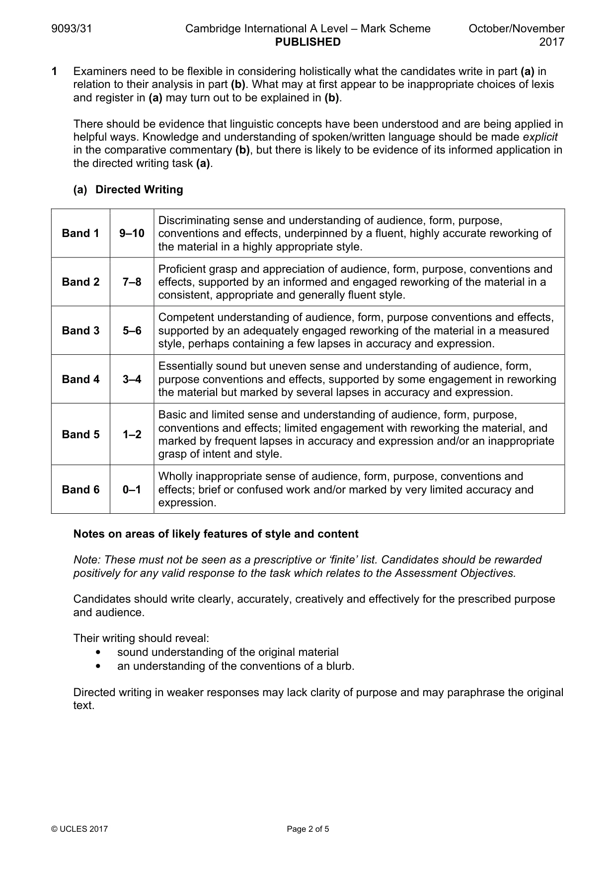 Mark scheme, page 2 of 5