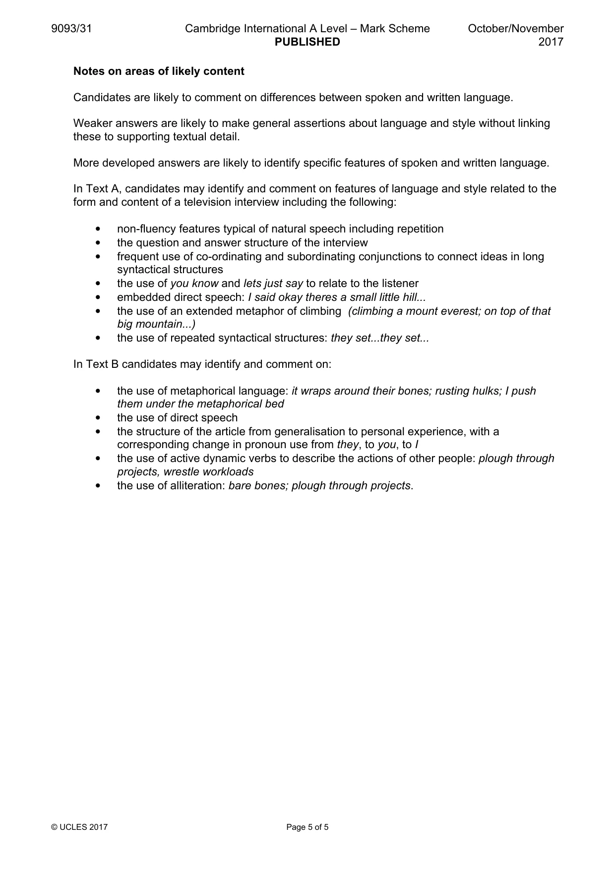 Mark scheme, page 5 of 5