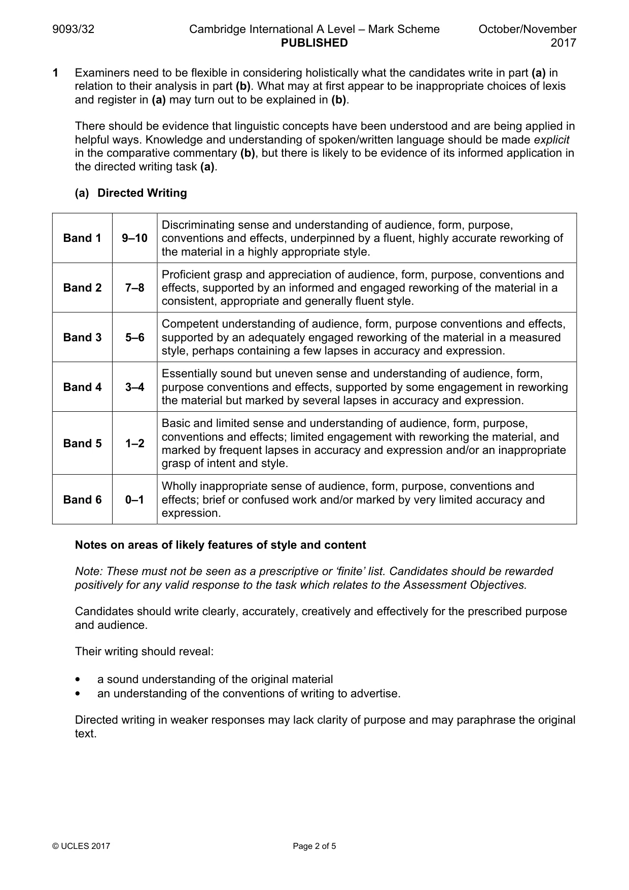 Mark scheme, page 2 of 5