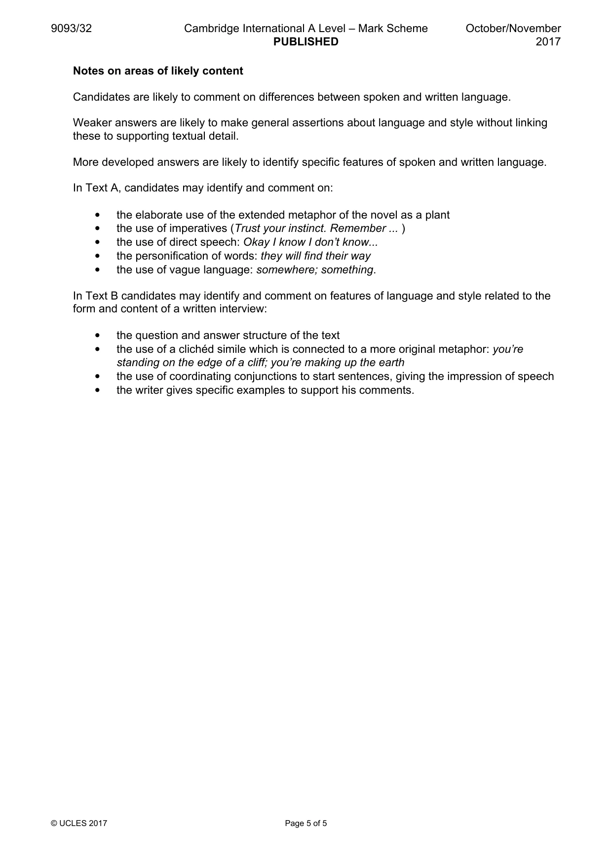 Mark scheme, page 5 of 5
