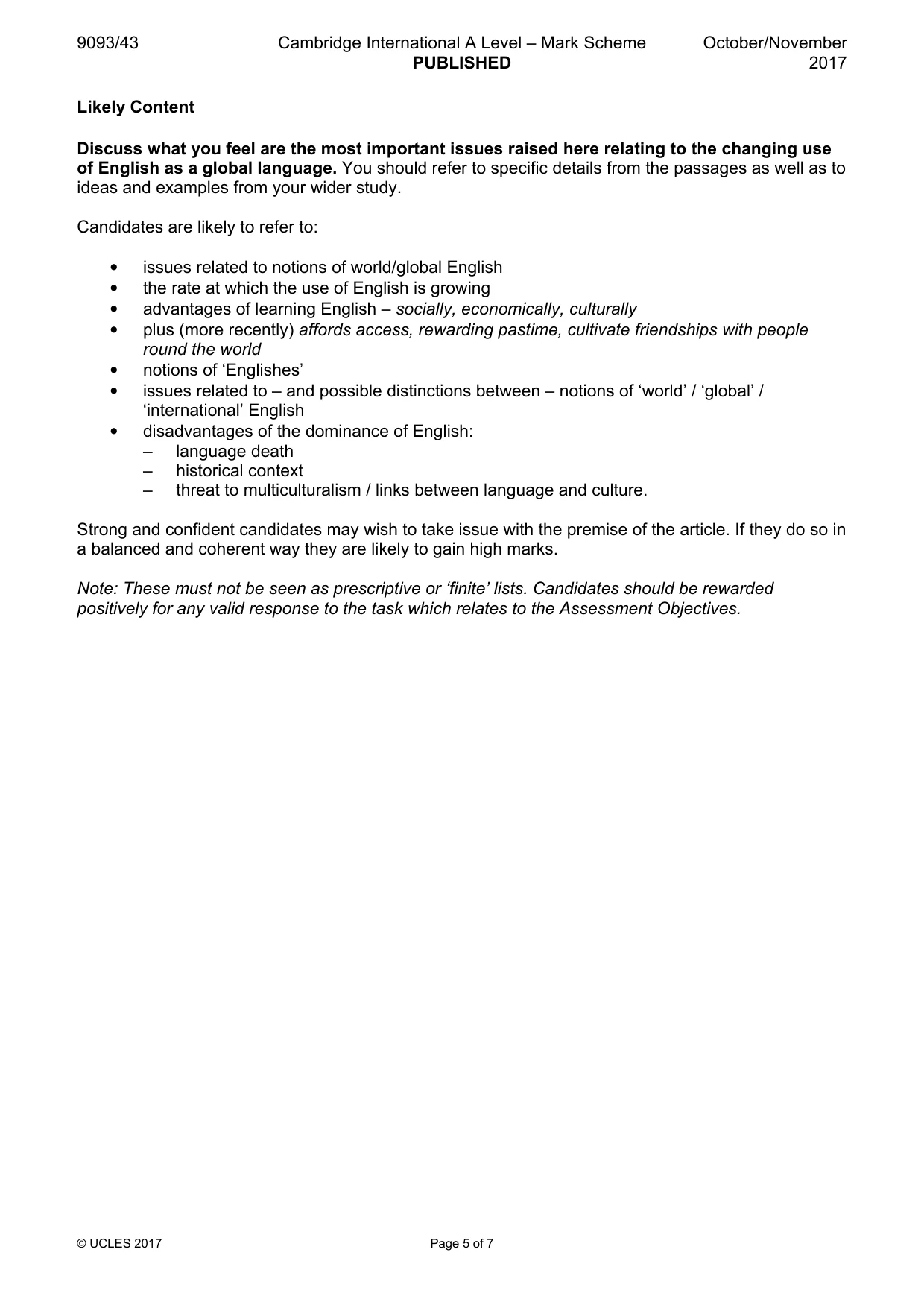 Mark scheme, page 5 of 7