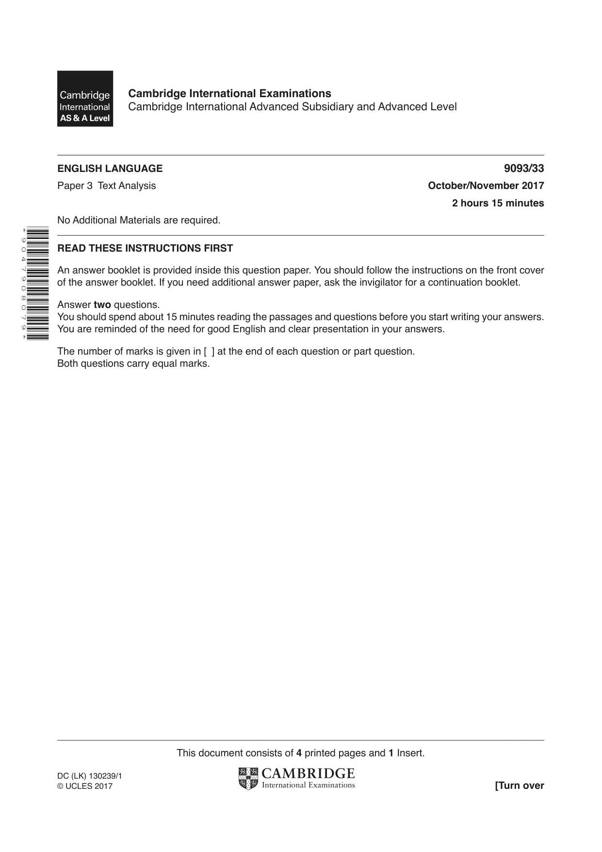 Cambridge A Level English - Language AS and A Level (from 2014) 9093 2017 Oct/Nov Paper 3 · Variant 3 question paper, page 1 of 4