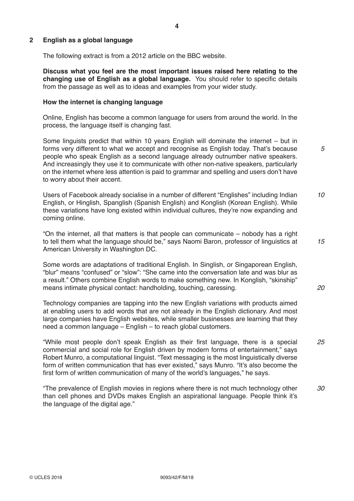 Cambridge A Level English - Language AS and A Level (from 2014) 9093 2018 Feb/March Paper 4 · Variant 2 question paper, page 4 of 8