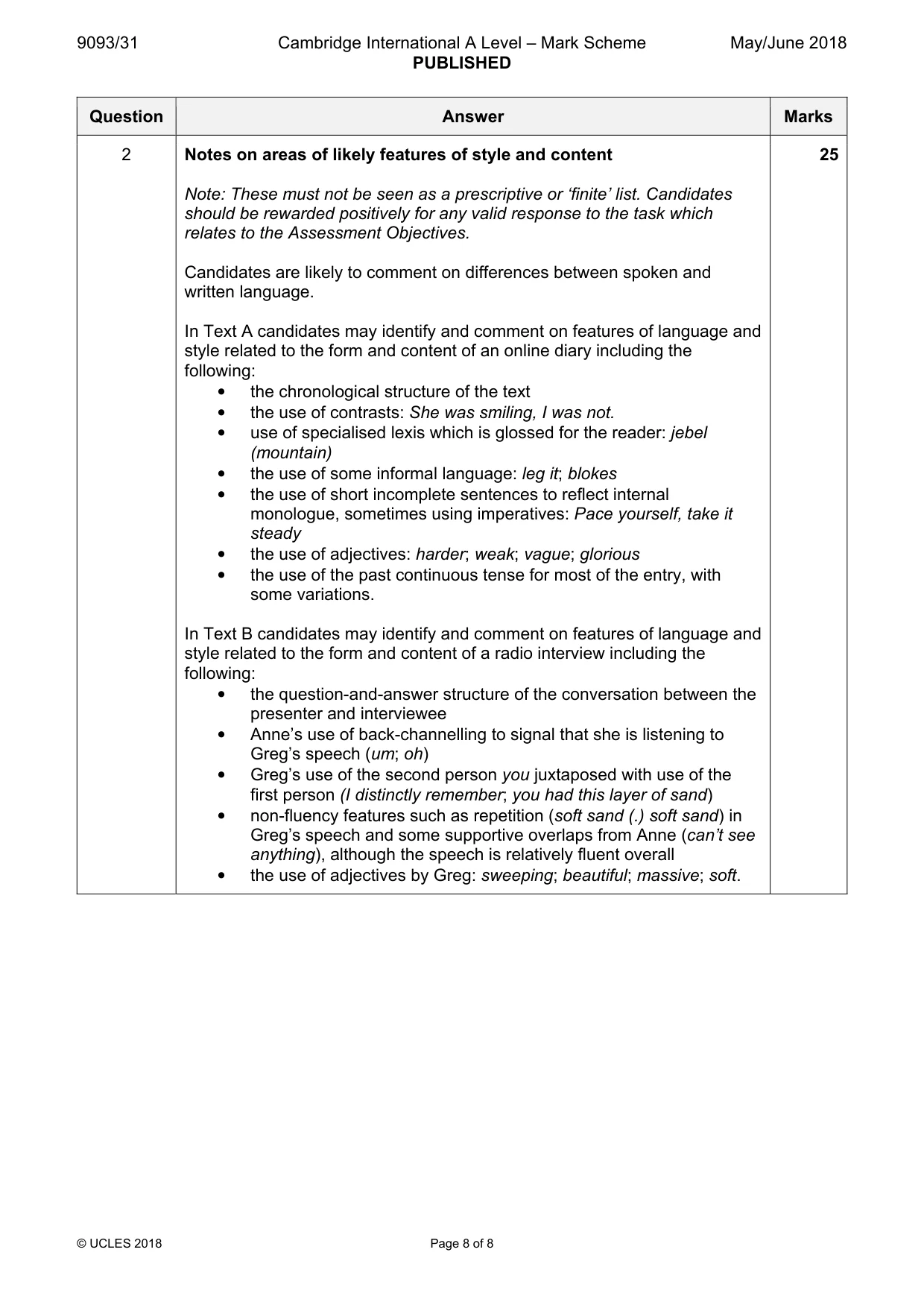 Mark scheme, page 8 of 8