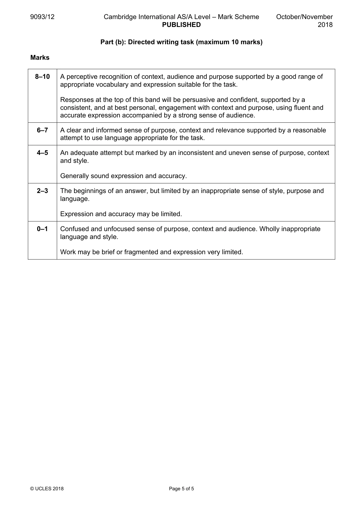 Mark scheme, page 5 of 5
