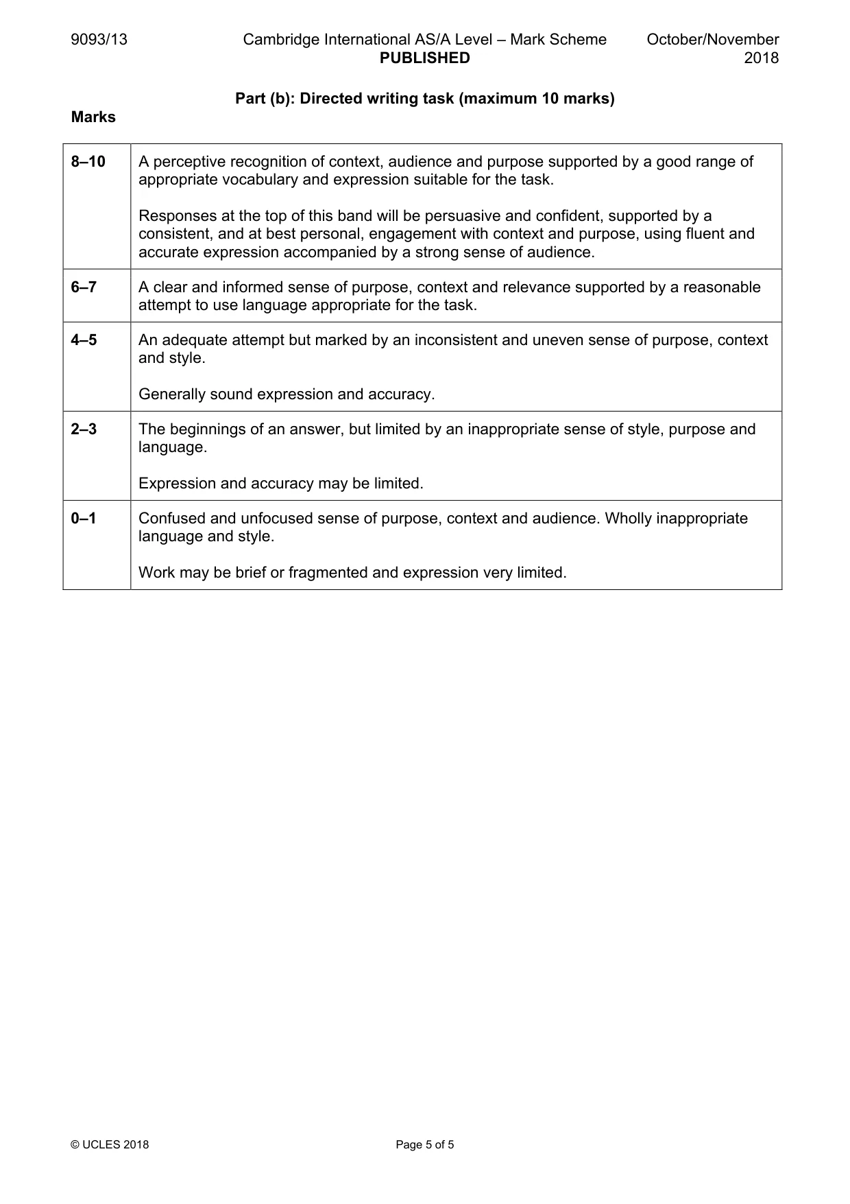 Mark scheme, page 5 of 5