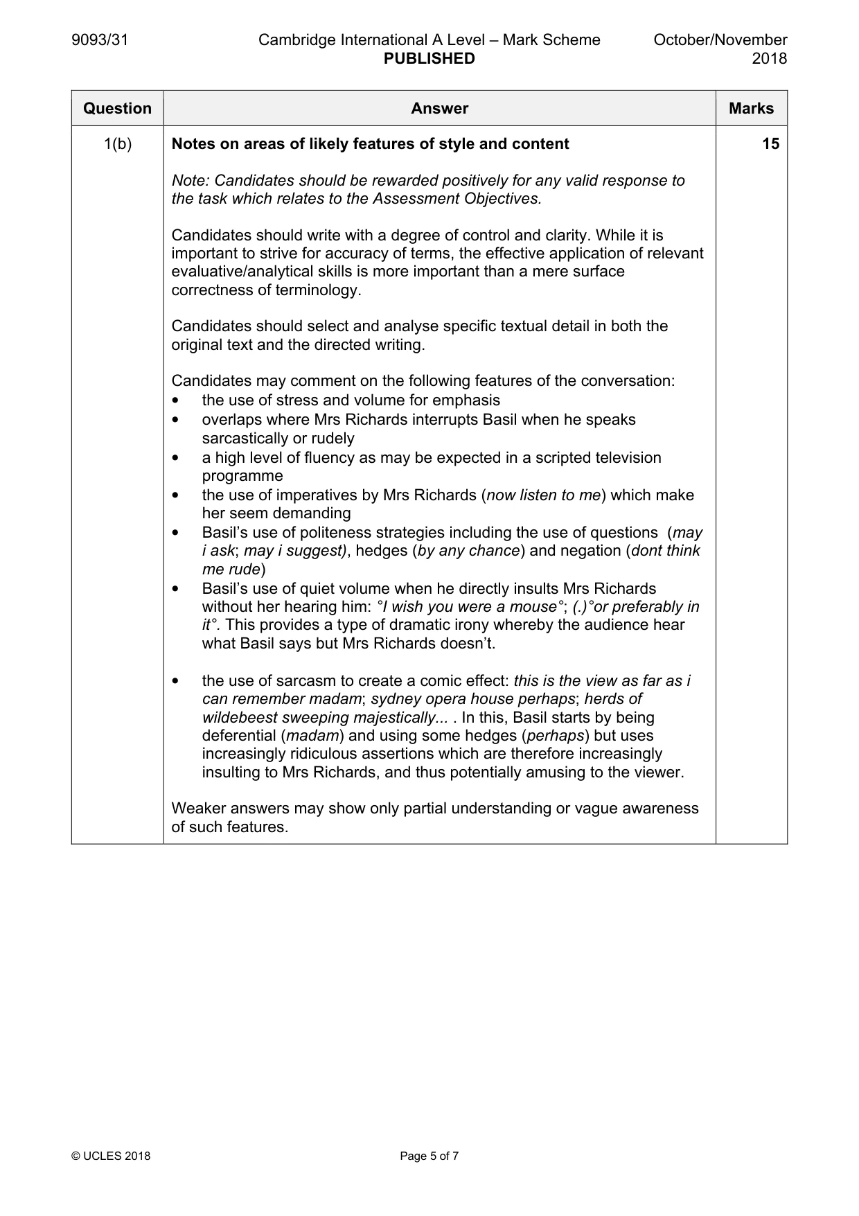 Mark scheme, page 5 of 7