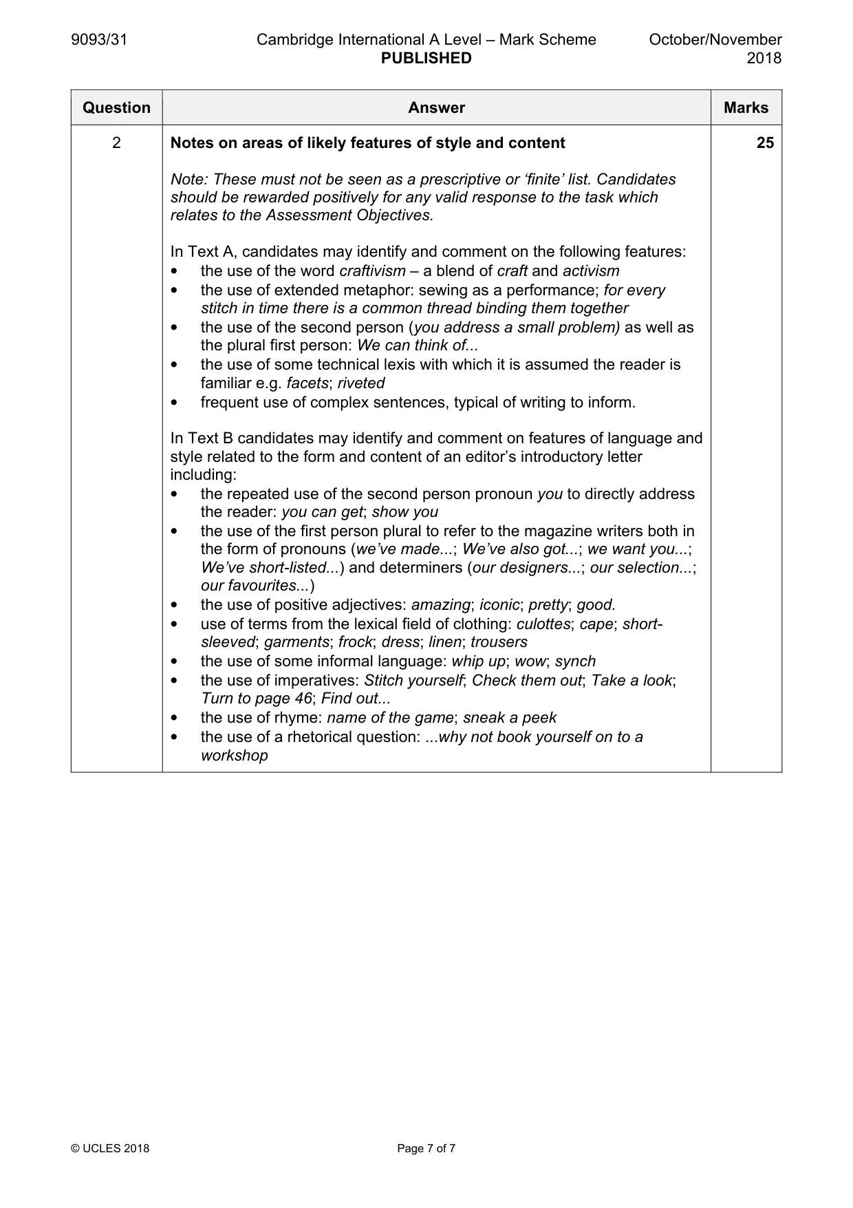 Mark scheme, page 7 of 7