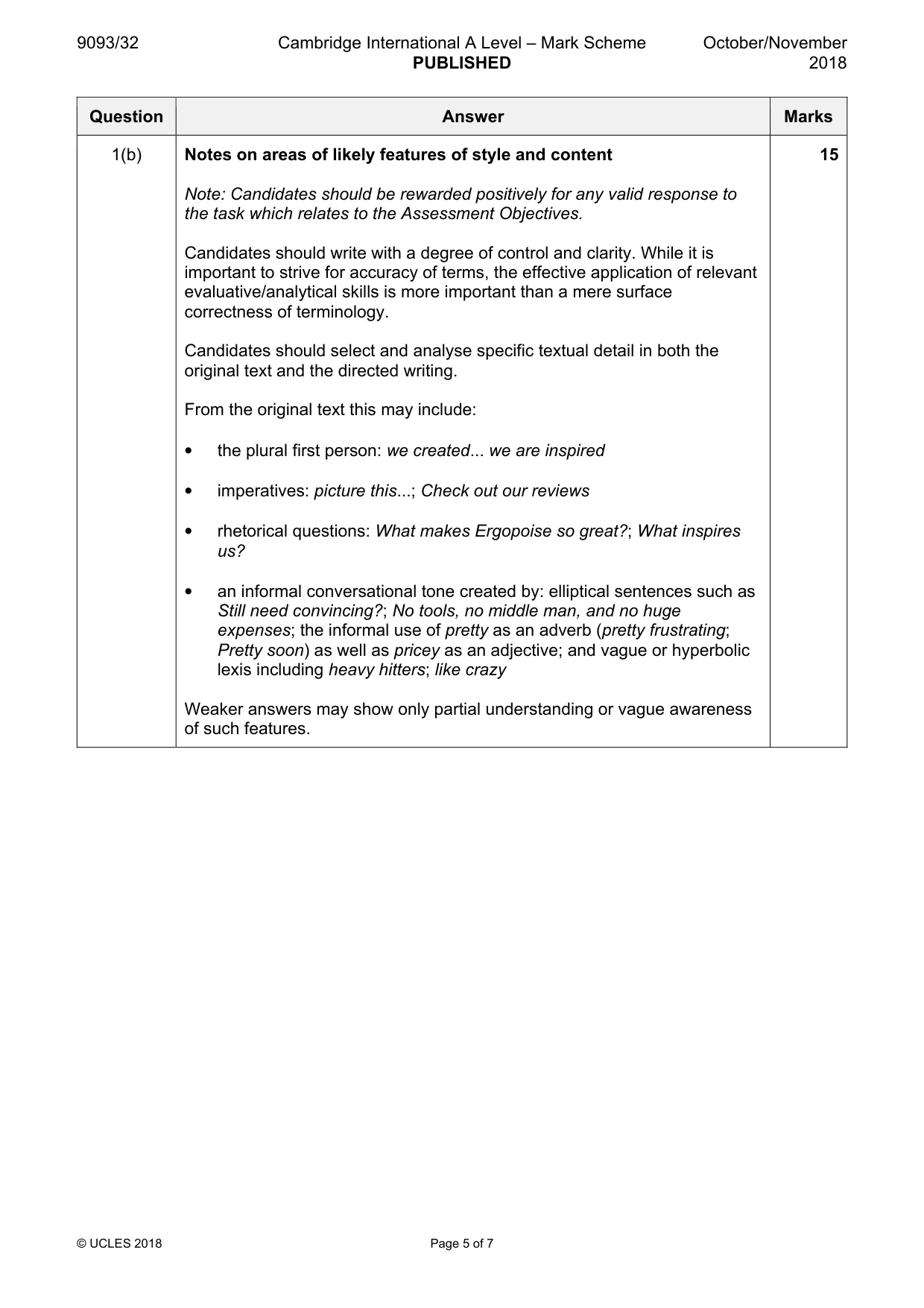 Mark scheme, page 5 of 7
