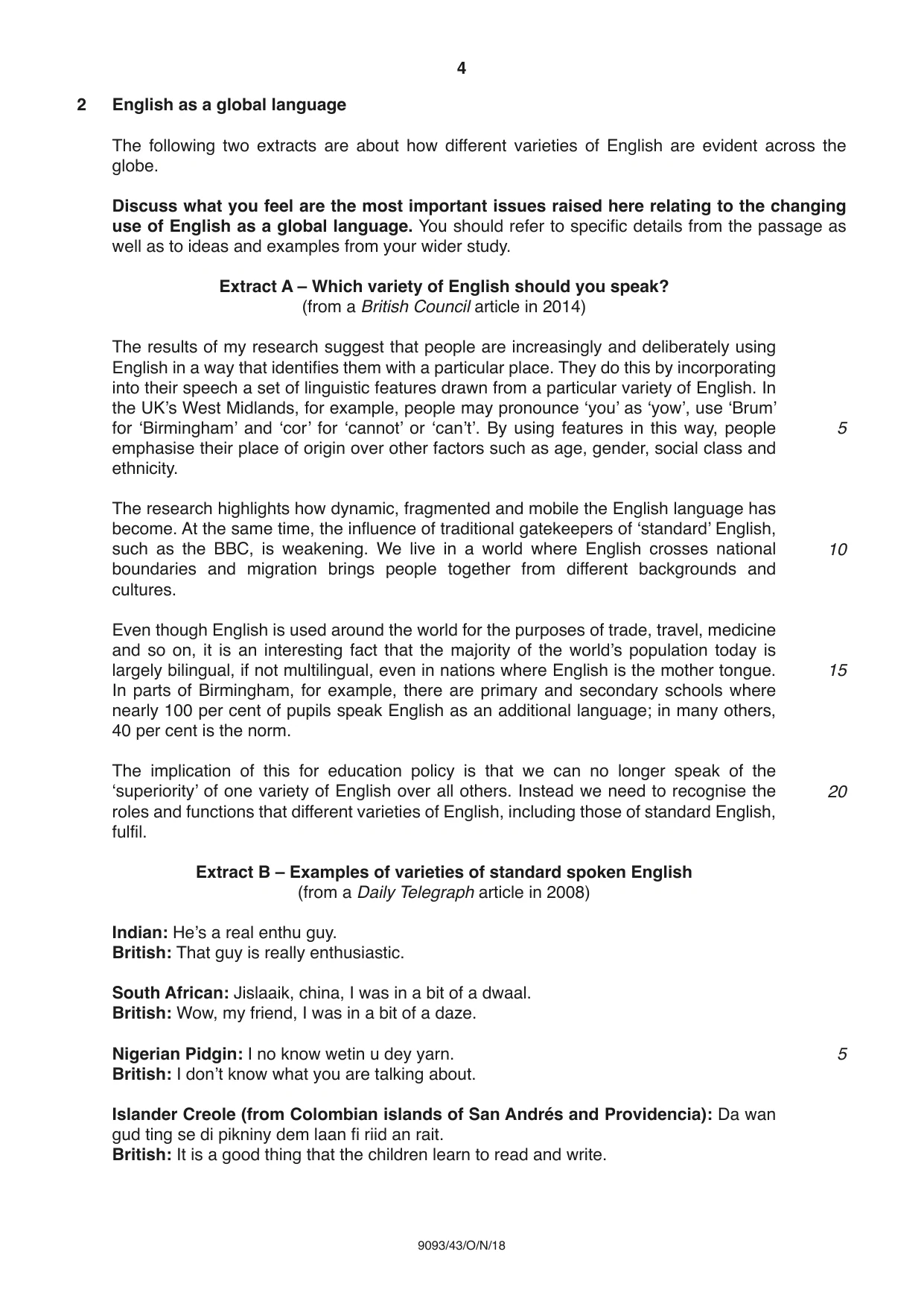 Cambridge A Level English - Language AS and A Level (from 2014) 9093 2018 Oct/Nov Paper 4 · Variant 3 question paper, page 4 of 8