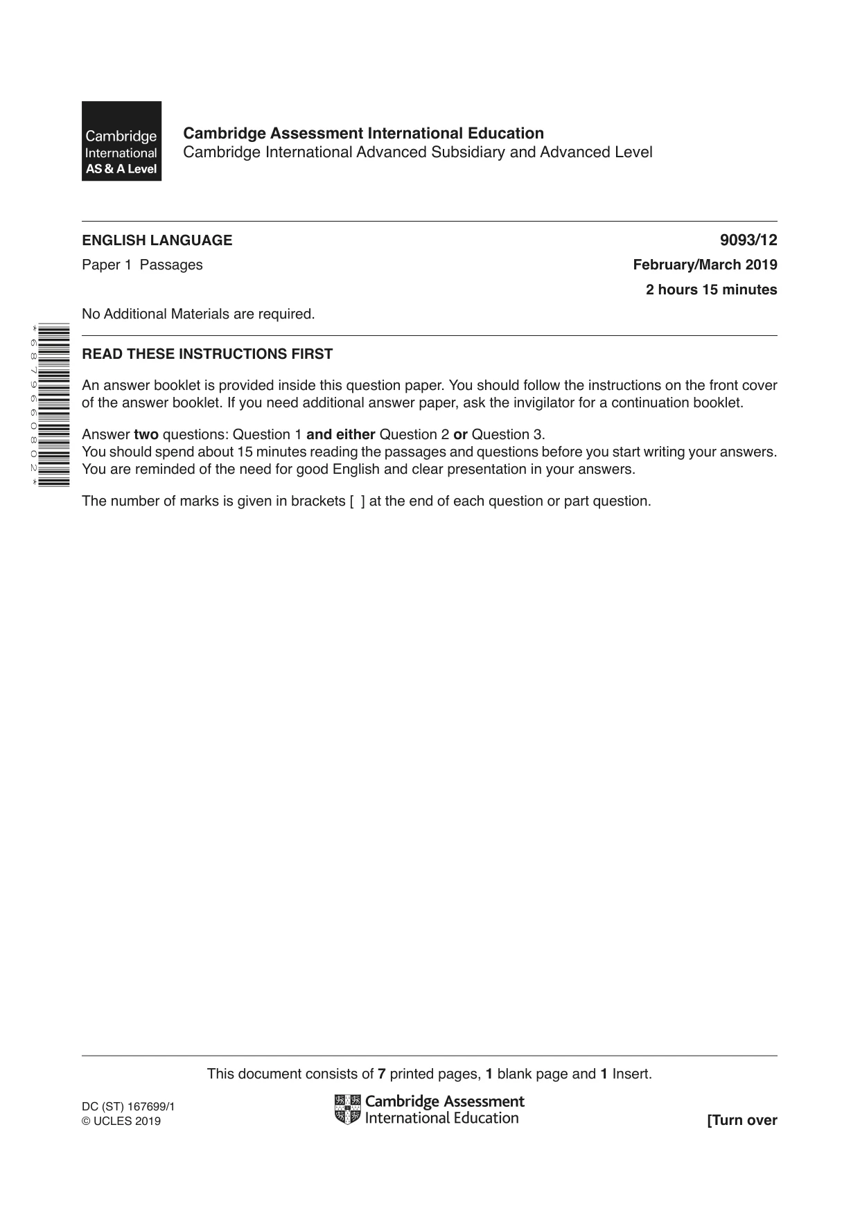 Cambridge A Level English - Language AS and A Level (from 2014) 9093 2019 Feb/March Paper 1 · Variant 2 question paper, page 1 of 8