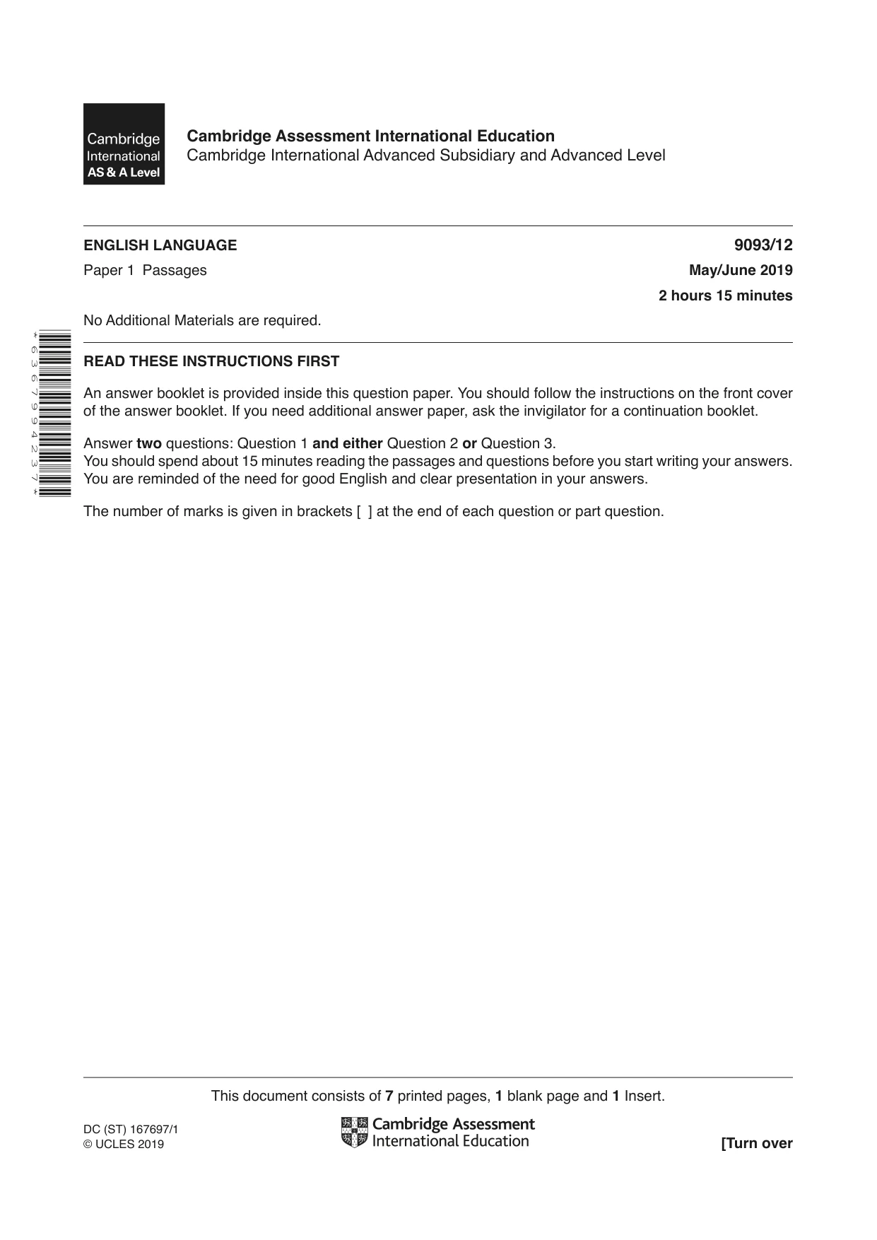 Cambridge A Level English - Language AS and A Level (from 2014) 9093 2019 May/June Paper 1 · Variant 2 question paper, page 1 of 8