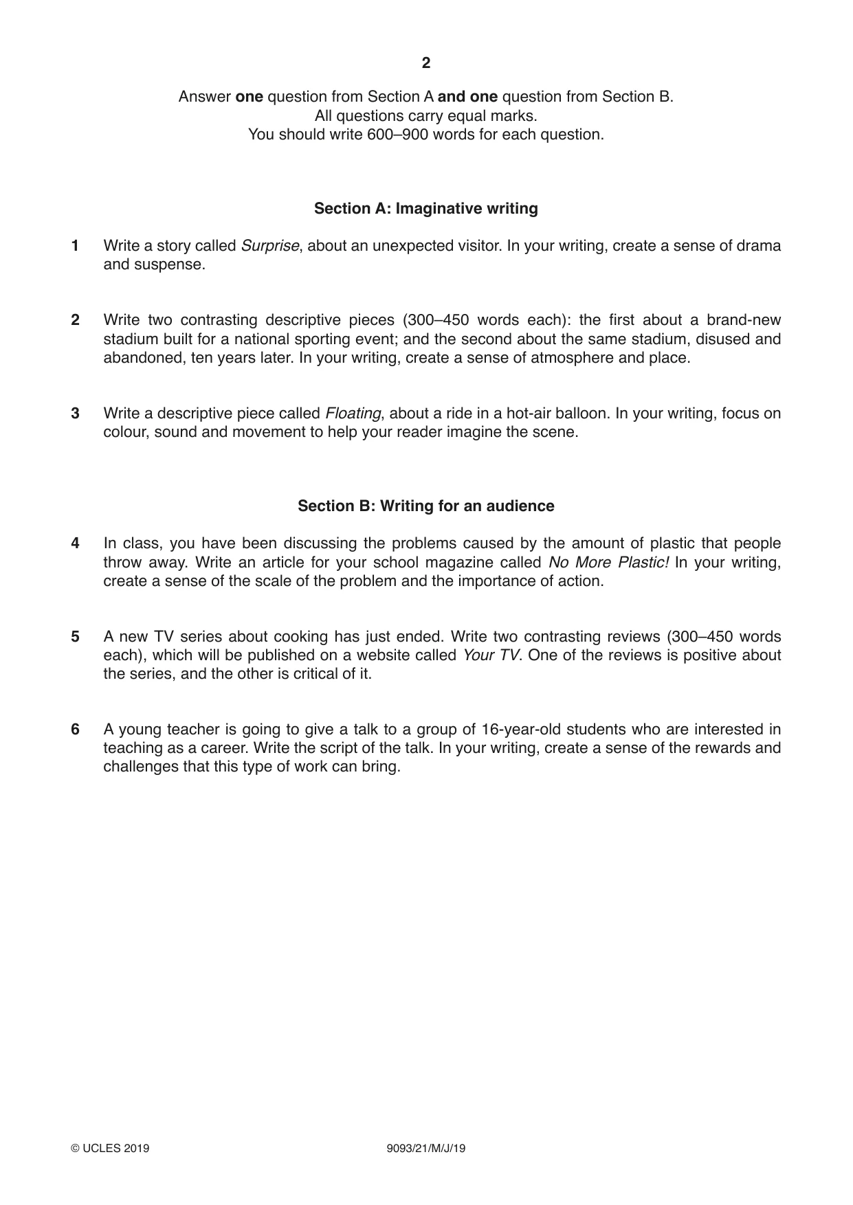 Cambridge A Level English - Language AS and A Level (from 2014) 9093 2019 May/June Paper 2 · Variant 1 question paper, page 2 of 4