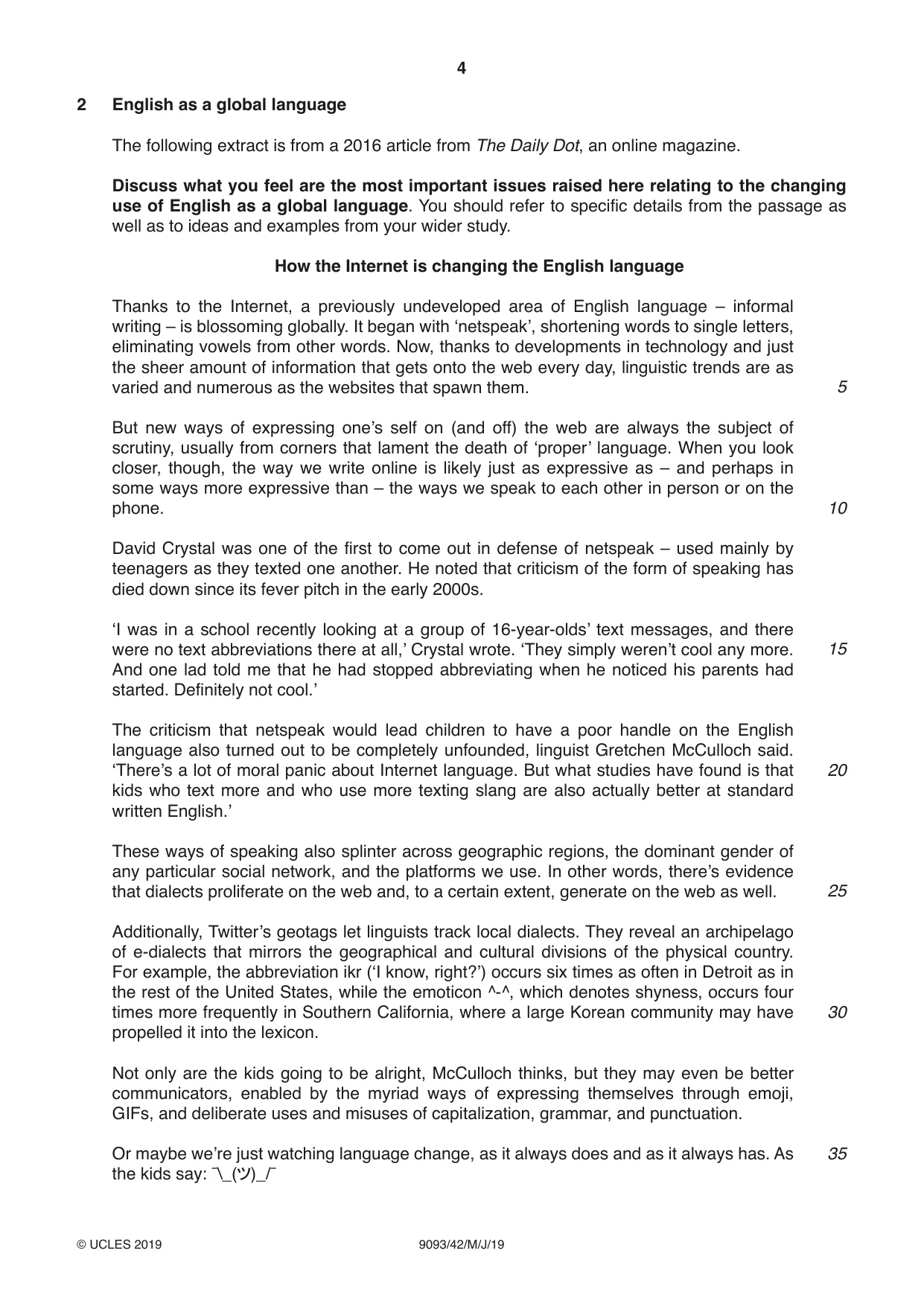 Cambridge A Level English - Language AS and A Level (from 2014) 9093 2019 May/June Paper 4 · Variant 2 question paper, page 4 of 8