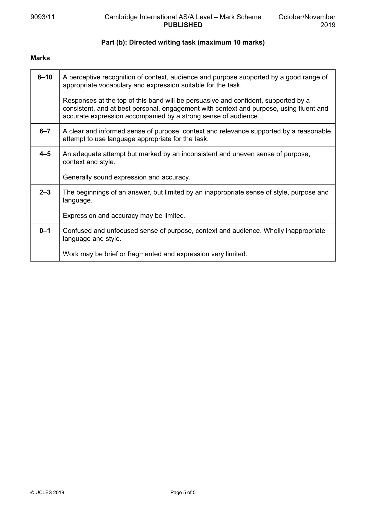 Mark scheme, page 5 of 5