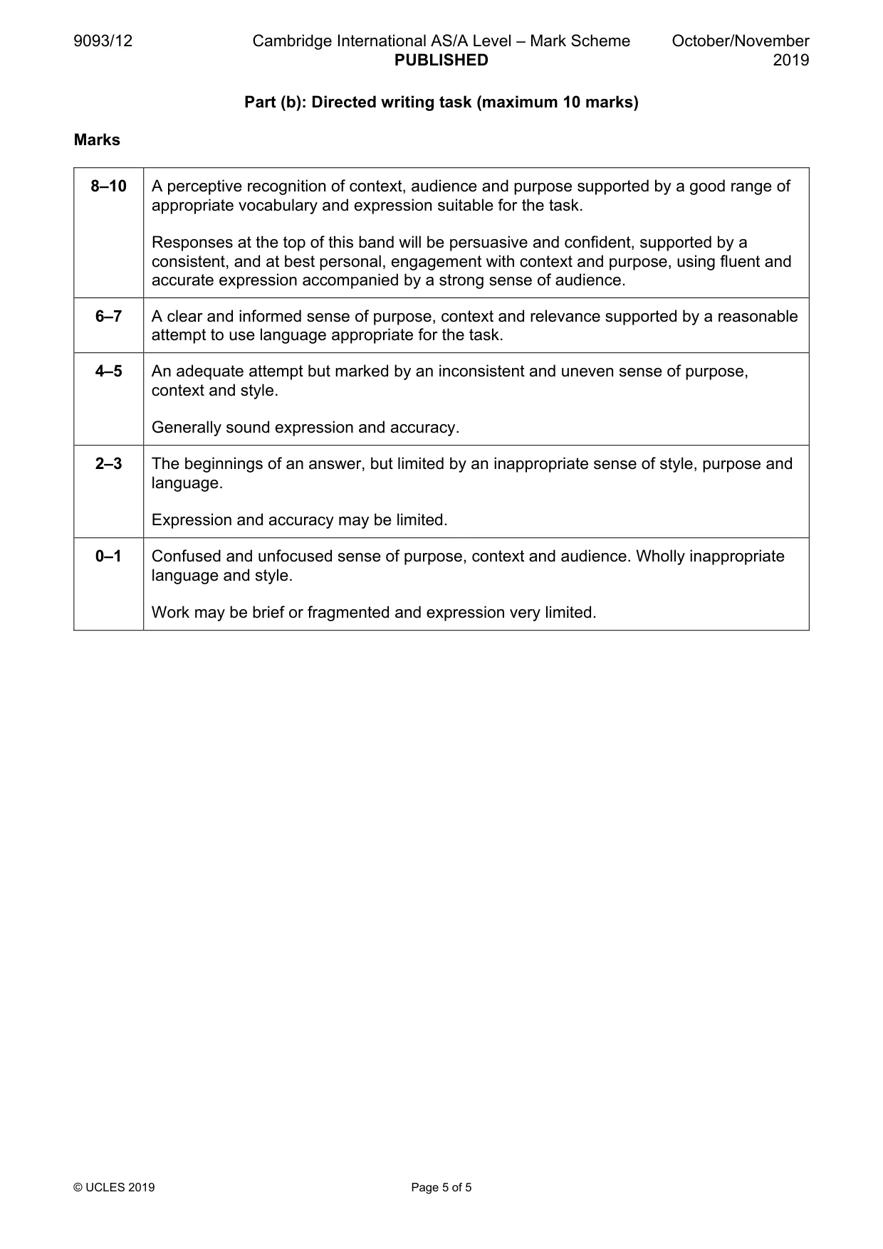 Mark scheme, page 5 of 5