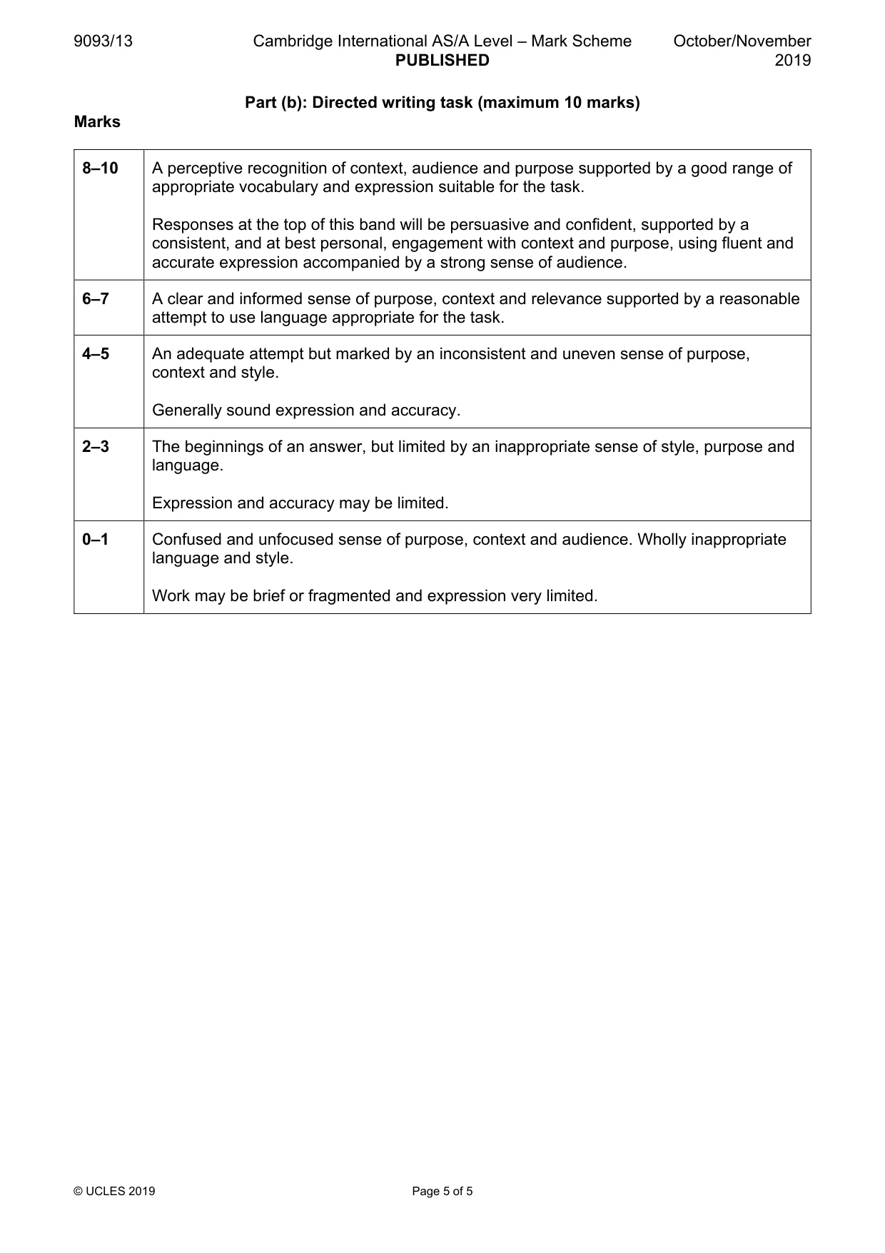 Mark scheme, page 5 of 5
