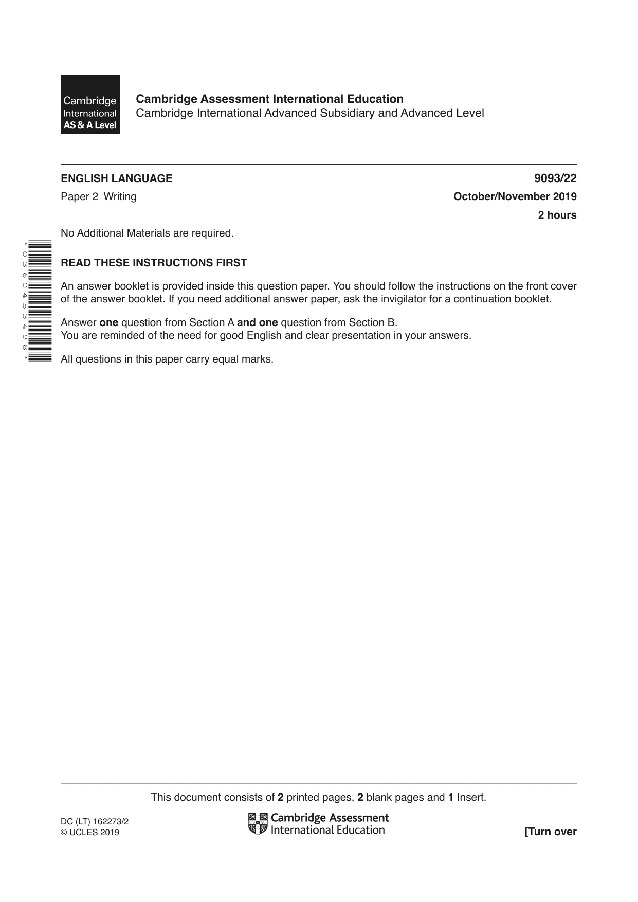Cambridge A Level English - Language AS and A Level (from 2014) 9093 2019 Oct/Nov Paper 2 · Variant 2 question paper, page 1 of 4