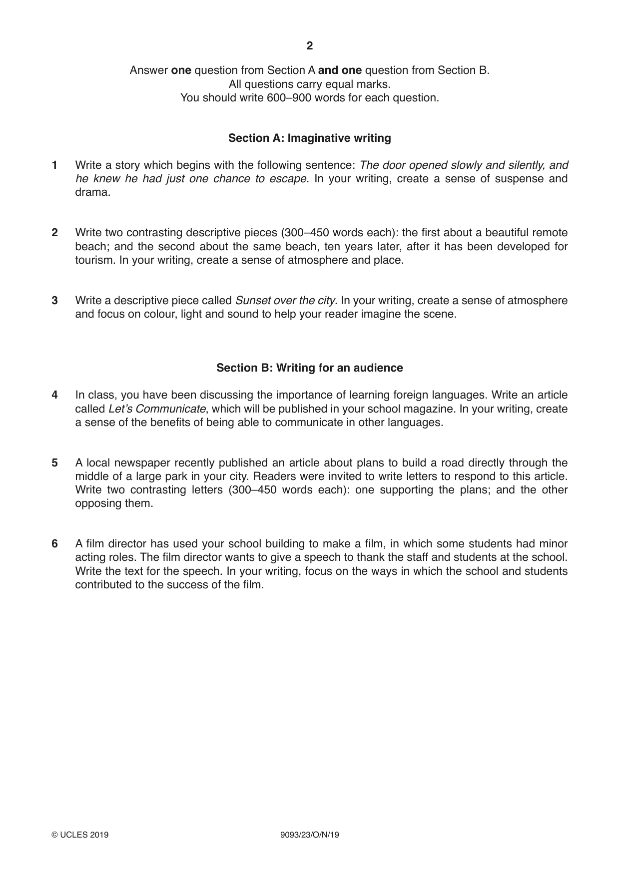 Cambridge A Level English - Language AS and A Level (from 2014) 9093 2019 Oct/Nov Paper 2 · Variant 3 question paper, page 2 of 4
