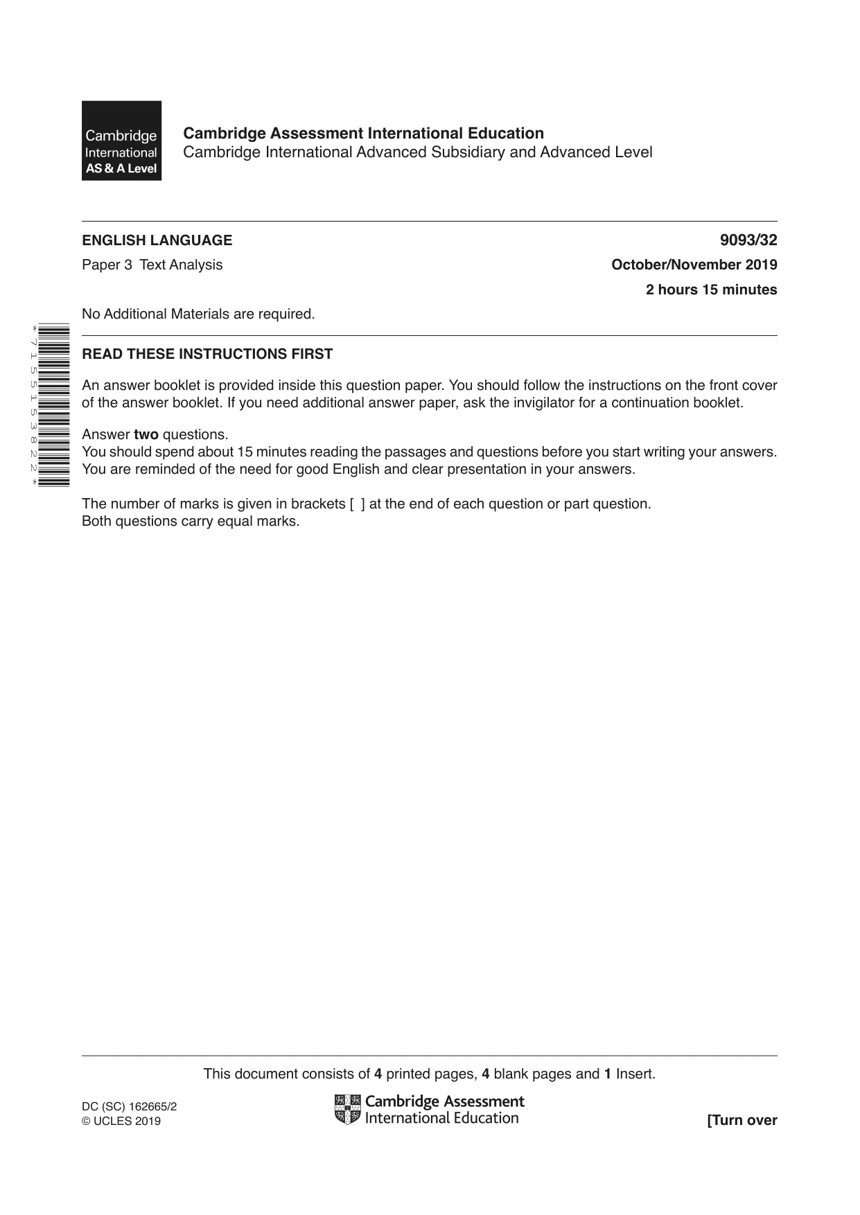 Cambridge A Level English - Language AS and A Level (from 2014) 9093 2019 Oct/Nov Paper 3 · Variant 2 question paper, page 1 of 8