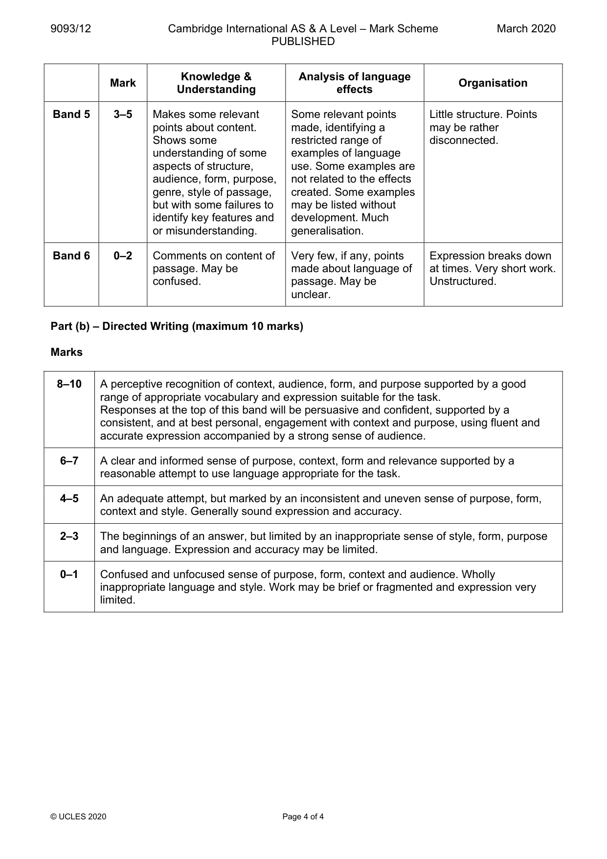 Mark scheme, page 4 of 4