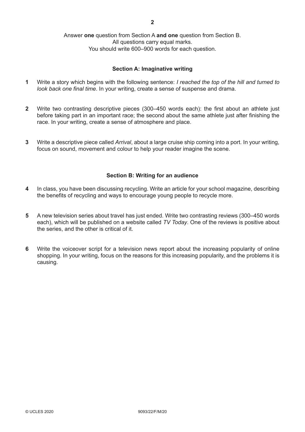 Cambridge A Level English - Language AS and A Level (from 2014) 9093 2020 Feb/March Paper 2 · Variant 2 question paper, page 2 of 4