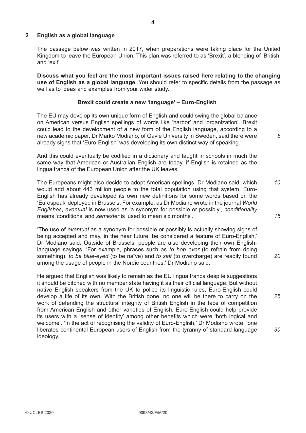 Cambridge A Level English - Language AS and A Level (from 2014) 9093 2020 Feb/March Paper 4 · Variant 2 question paper, page 4 of 8