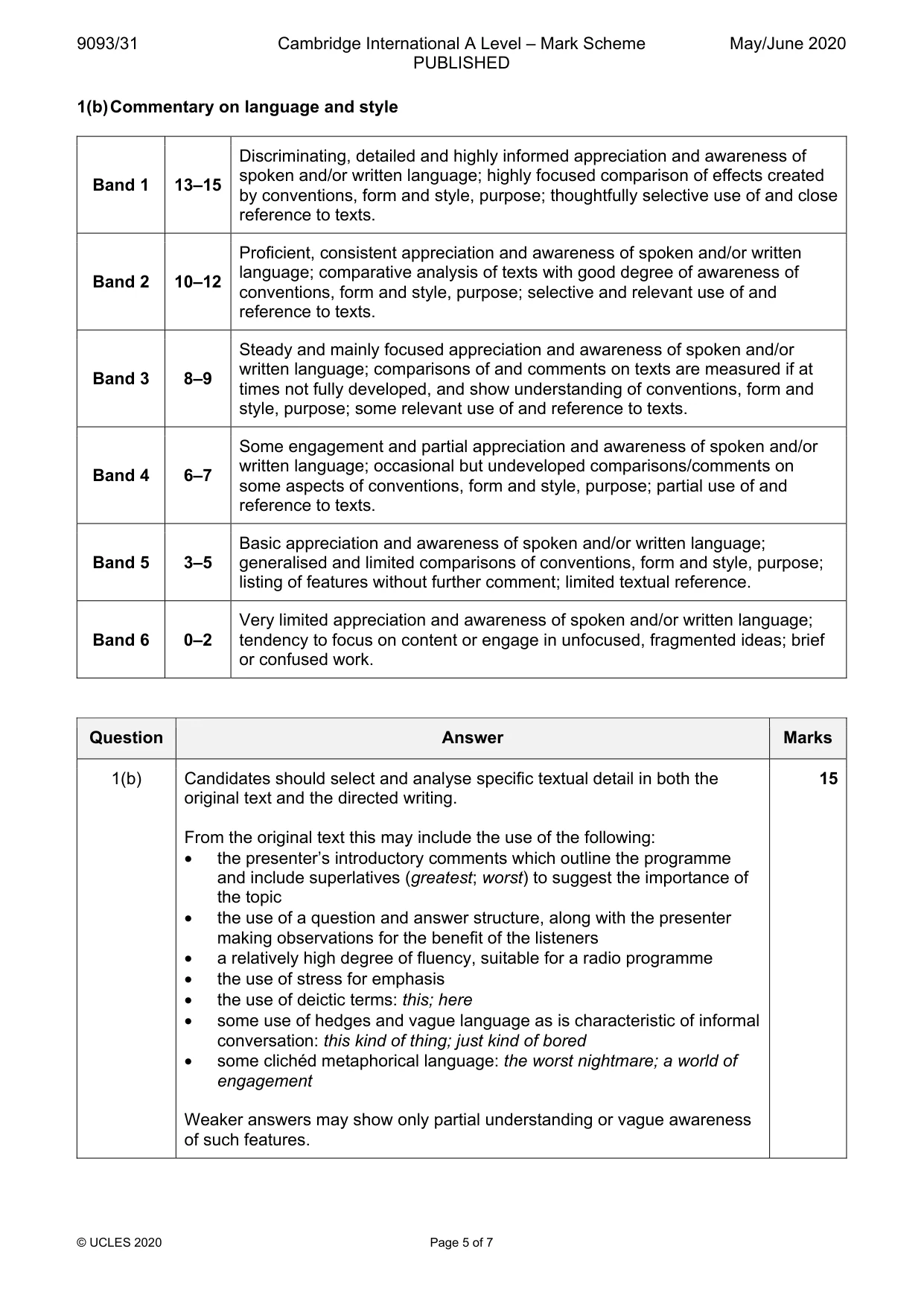 Mark scheme, page 5 of 7
