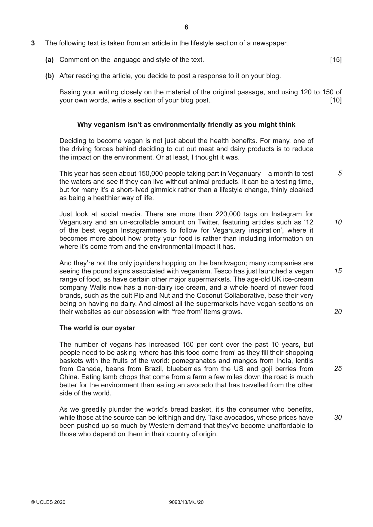 Cambridge A Level English - Language AS and A Level (from 2014) 9093 2020 May/June Paper 1 · Variant 3 question paper, page 6 of 8