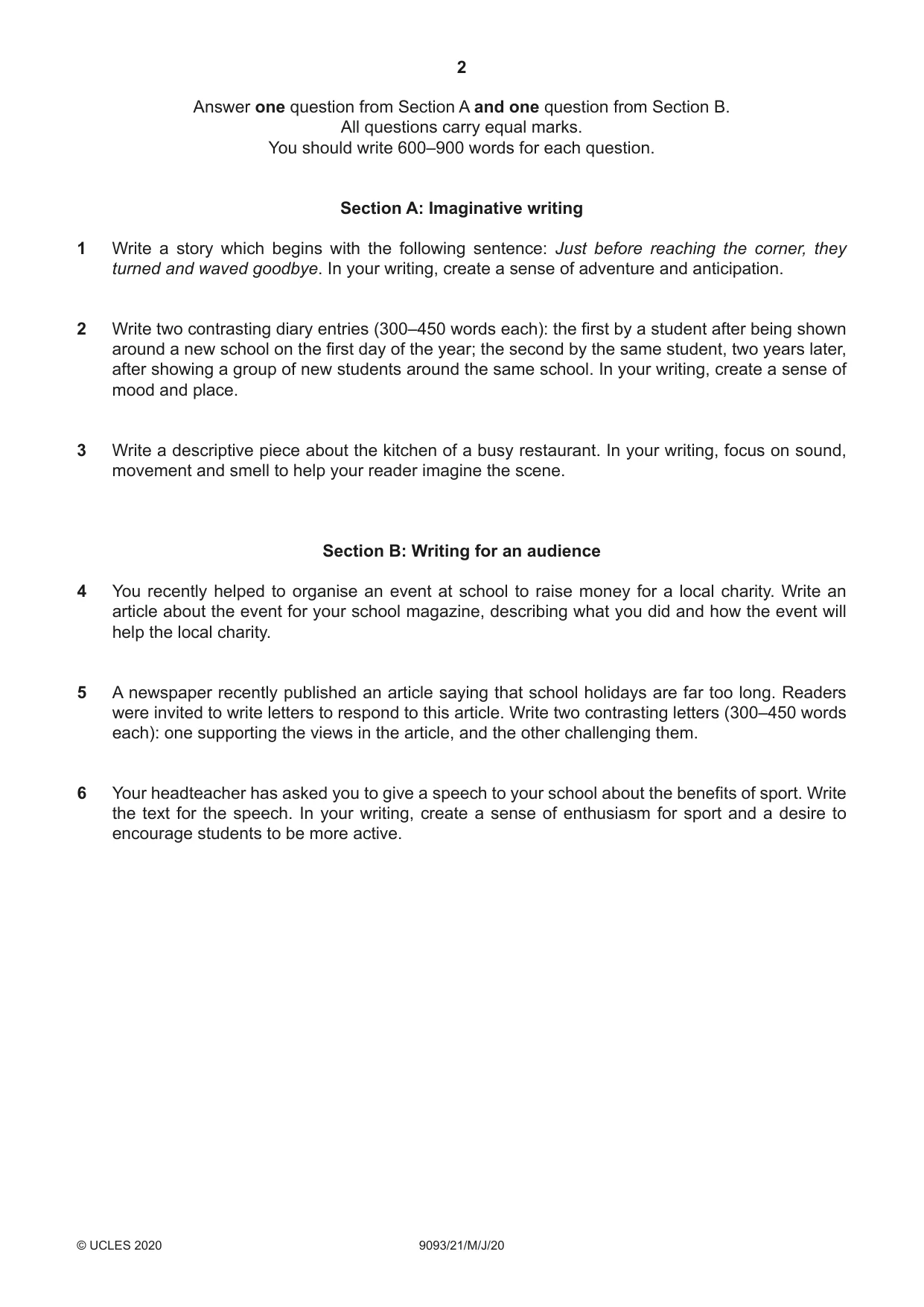Cambridge A Level English - Language AS and A Level (from 2014) 9093 2020 May/June Paper 2 · Variant 1 question paper, page 2 of 4