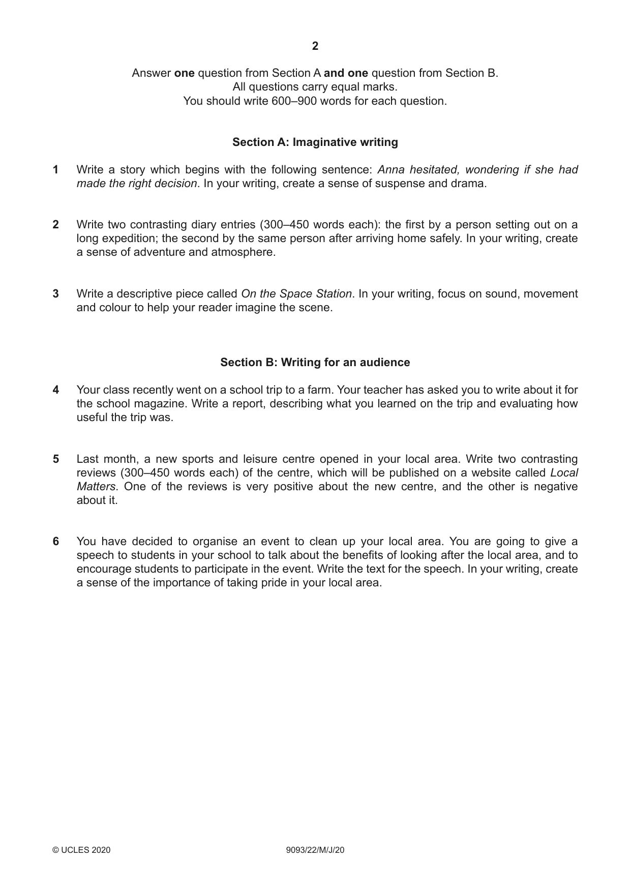 Cambridge A Level English - Language AS and A Level (from 2014) 9093 2020 May/June Paper 2 · Variant 2 question paper, page 2 of 4