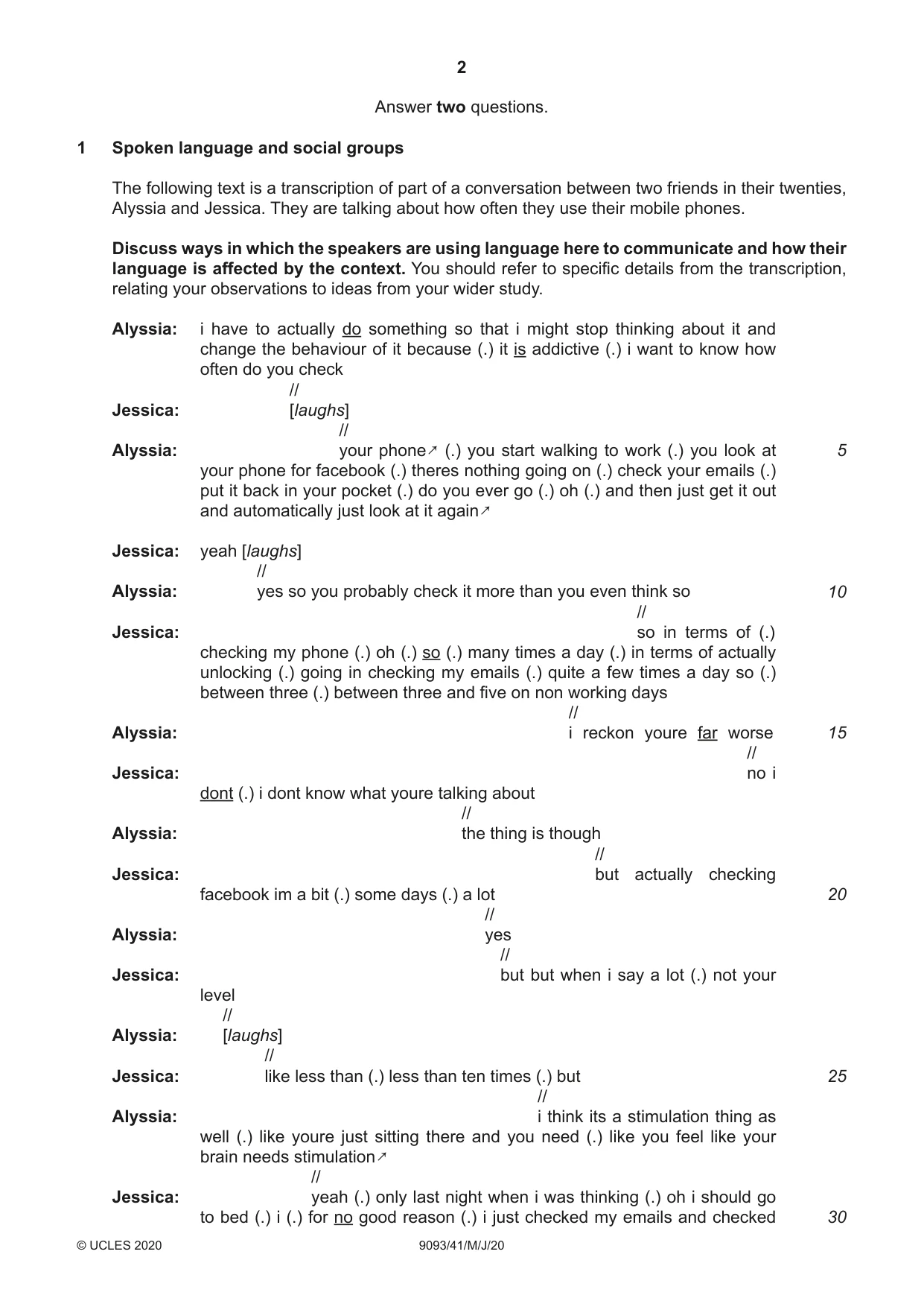 Cambridge A Level English - Language AS and A Level (from 2014) 9093 2020 May/June Paper 4 · Variant 1 question paper, page 2 of 8