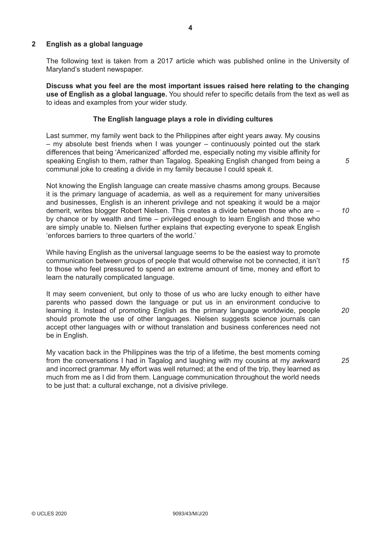 Cambridge A Level English - Language AS and A Level (from 2014) 9093 2020 May/June Paper 4 · Variant 3 question paper, page 4 of 8