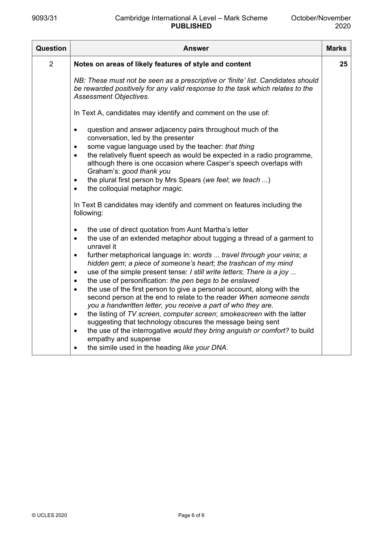 Mark scheme, page 6 of 6