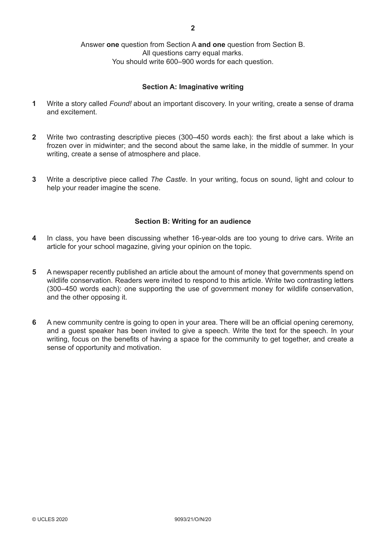 Cambridge A Level English - Language AS and A Level (from 2014) 9093 2020 Oct/Nov Paper 2 · Variant 1 question paper, page 2 of 4